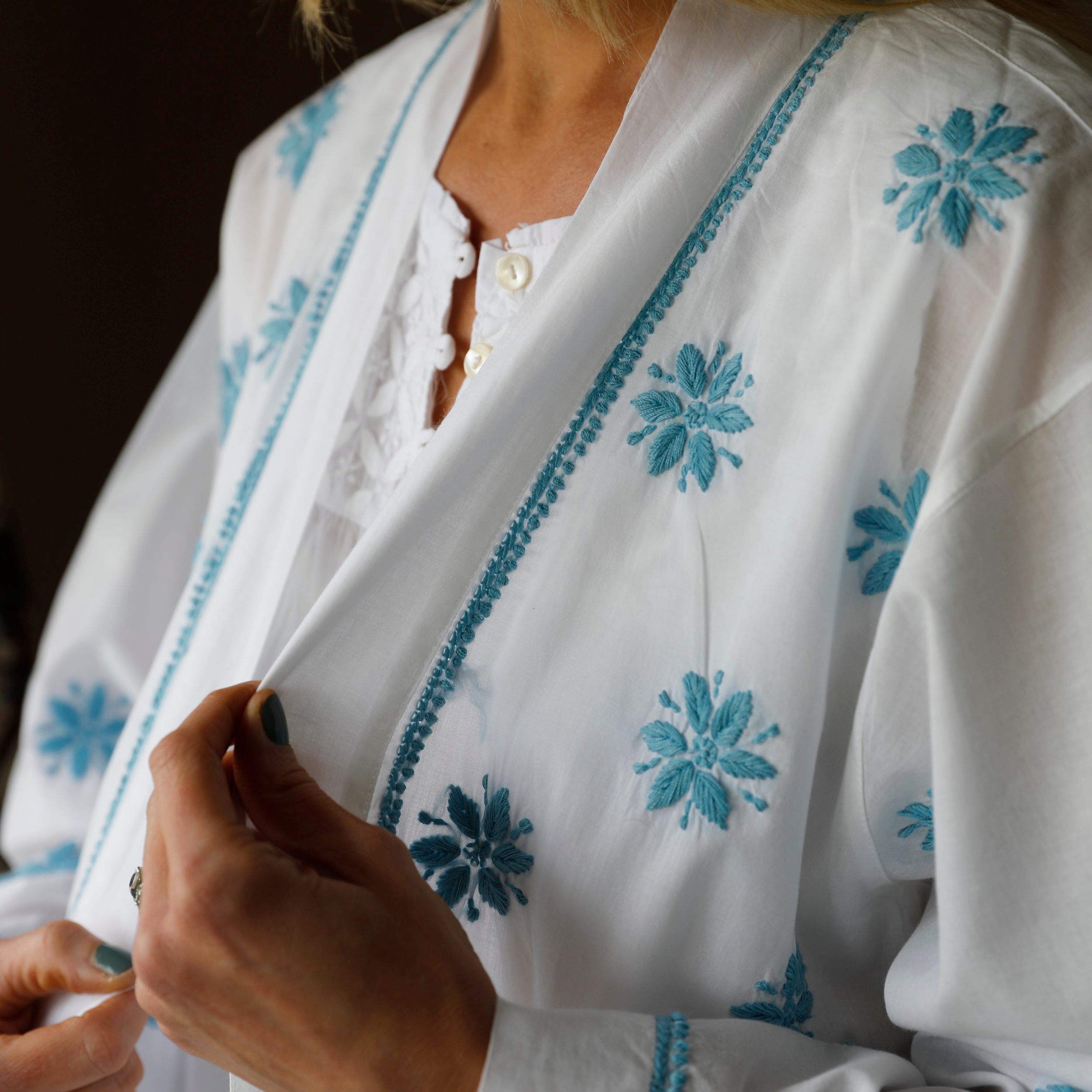 Teal Blue Cotton Hand Embroidered Kimono