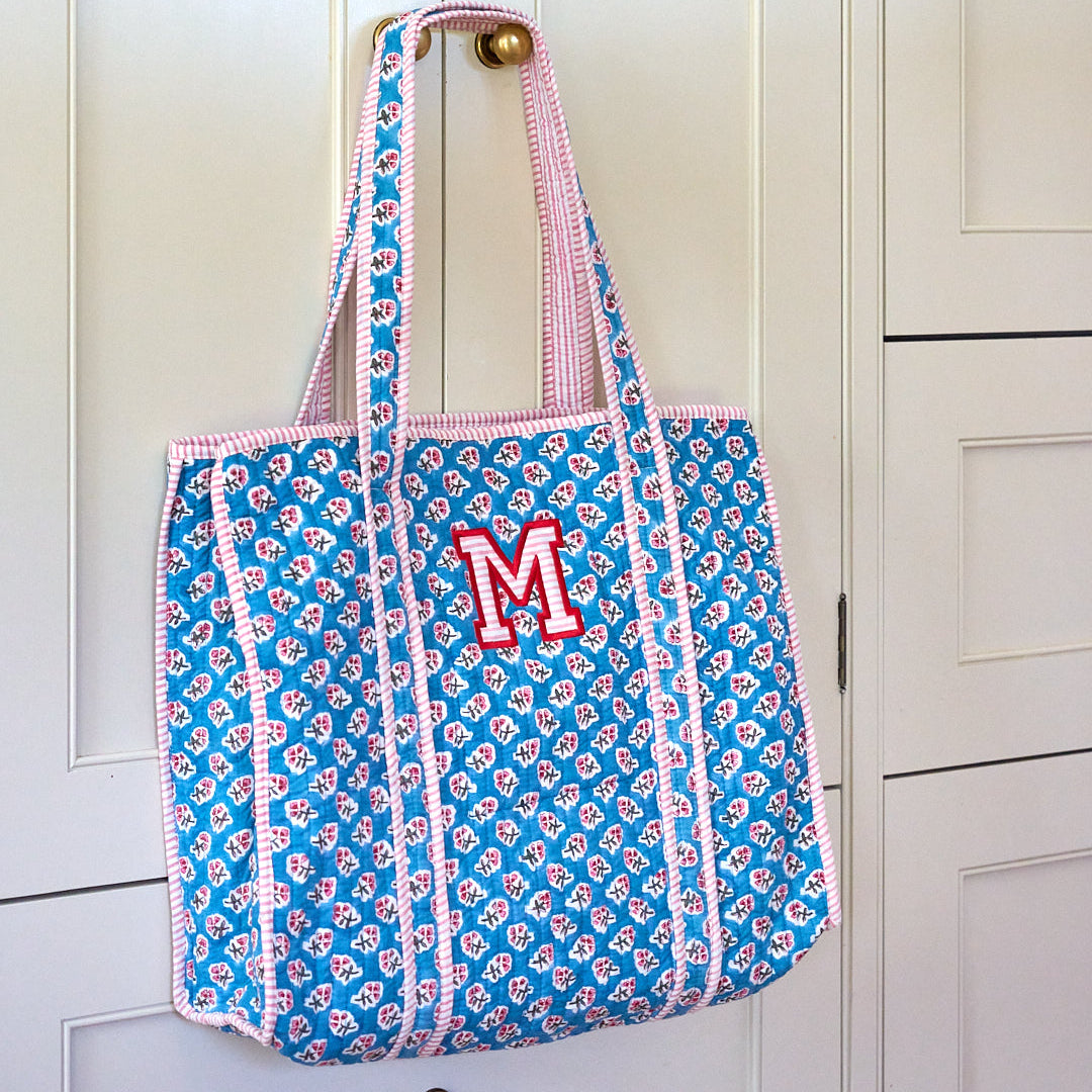 Teal floral quilted tote bag