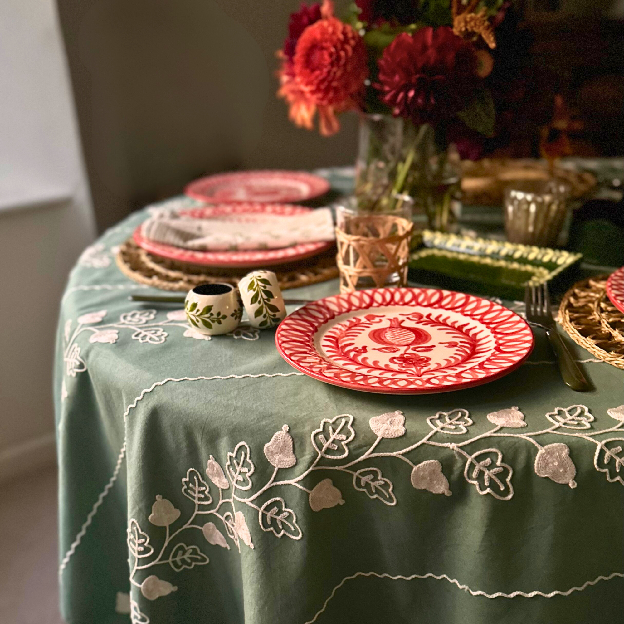 Garden Embroidered Tablecloth - Green