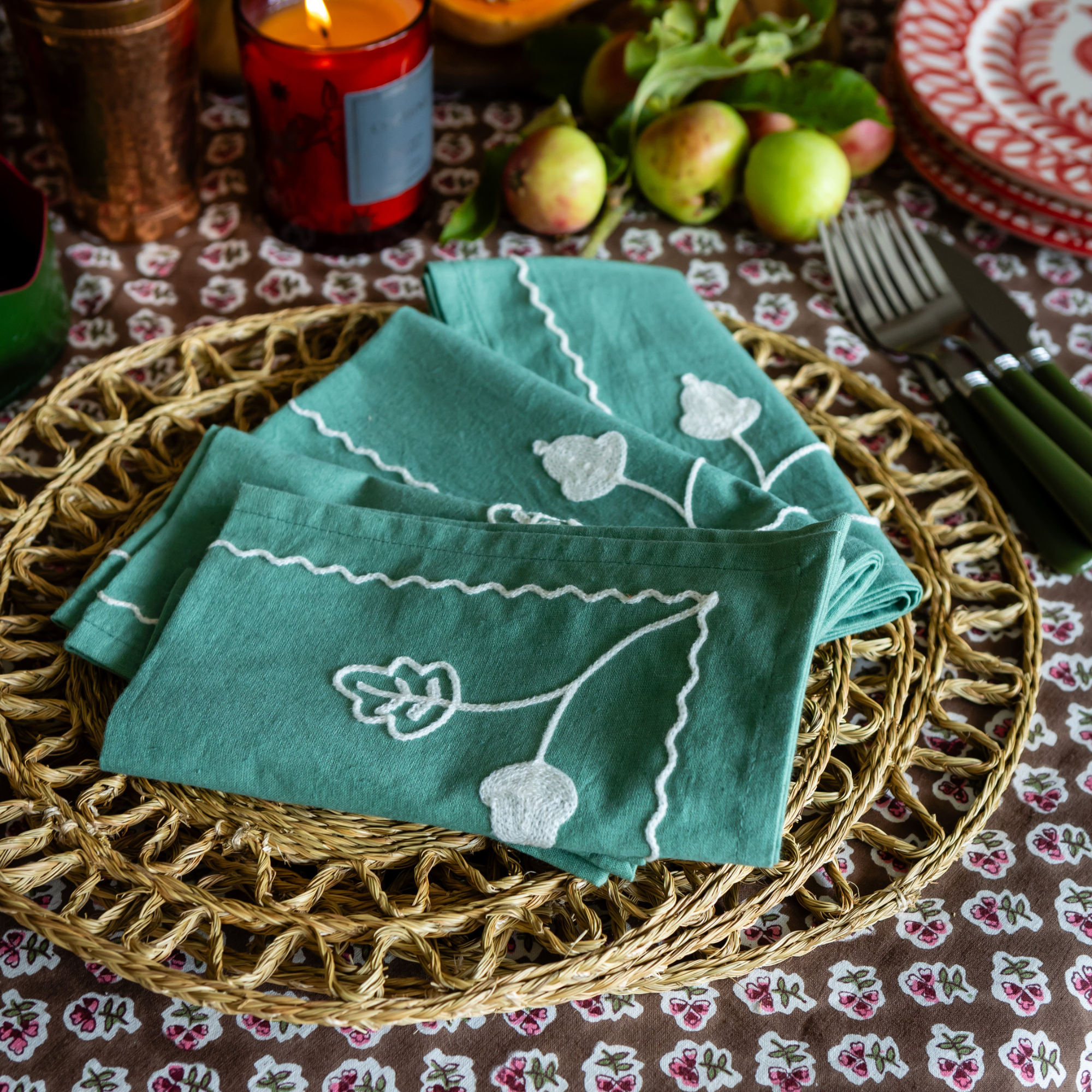 Garden Embroidered Napkins - Green - Set of 4