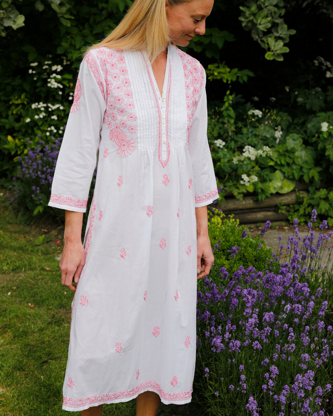 Long Sleeved Kaftan Nightie - Pink Embroidery