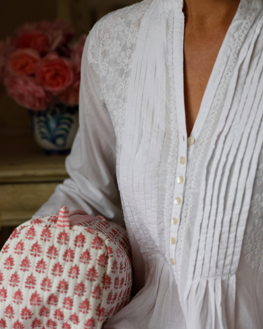 Long Sleeved Nightie - White Embroidery