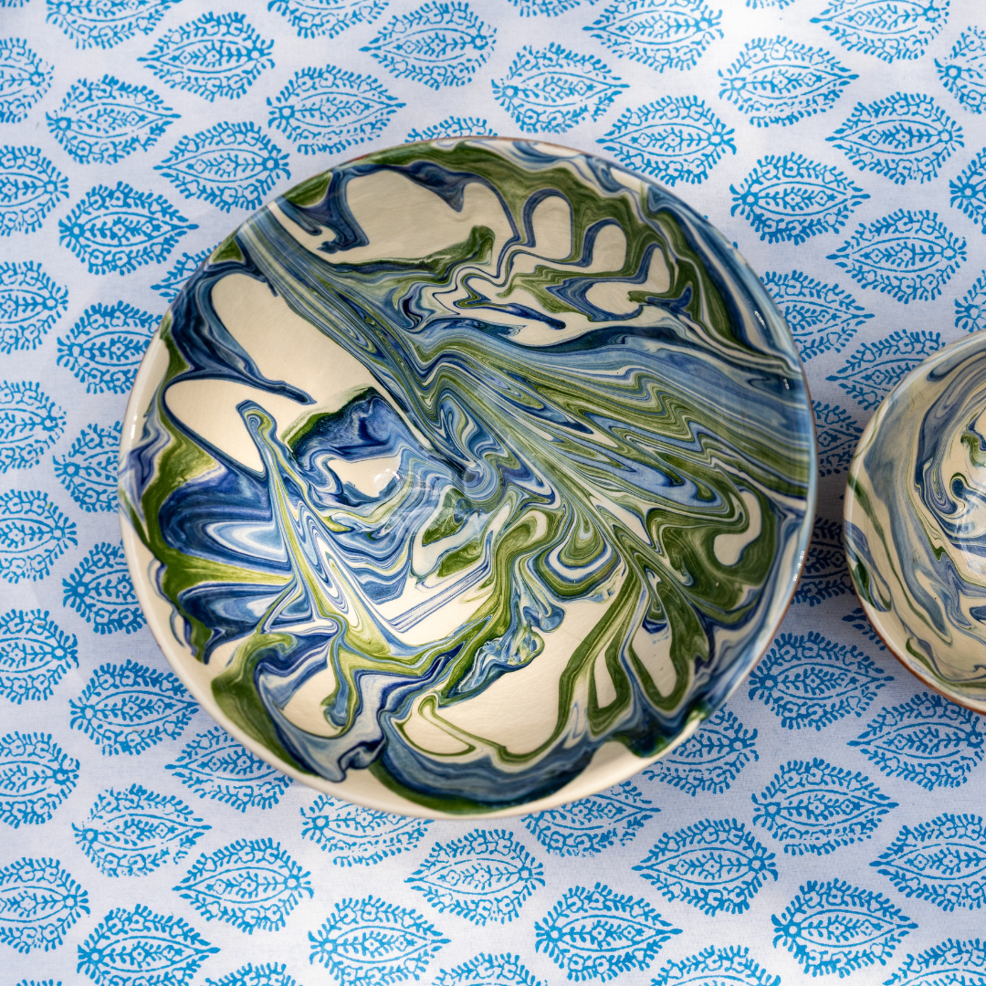 Large Blue and Green Marbled Salad Bowl