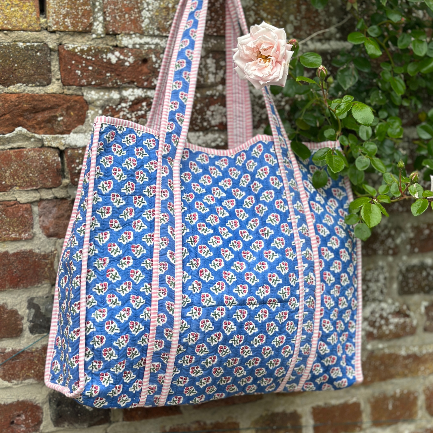 Azure Blue Ditsy Quilted Tote Bag