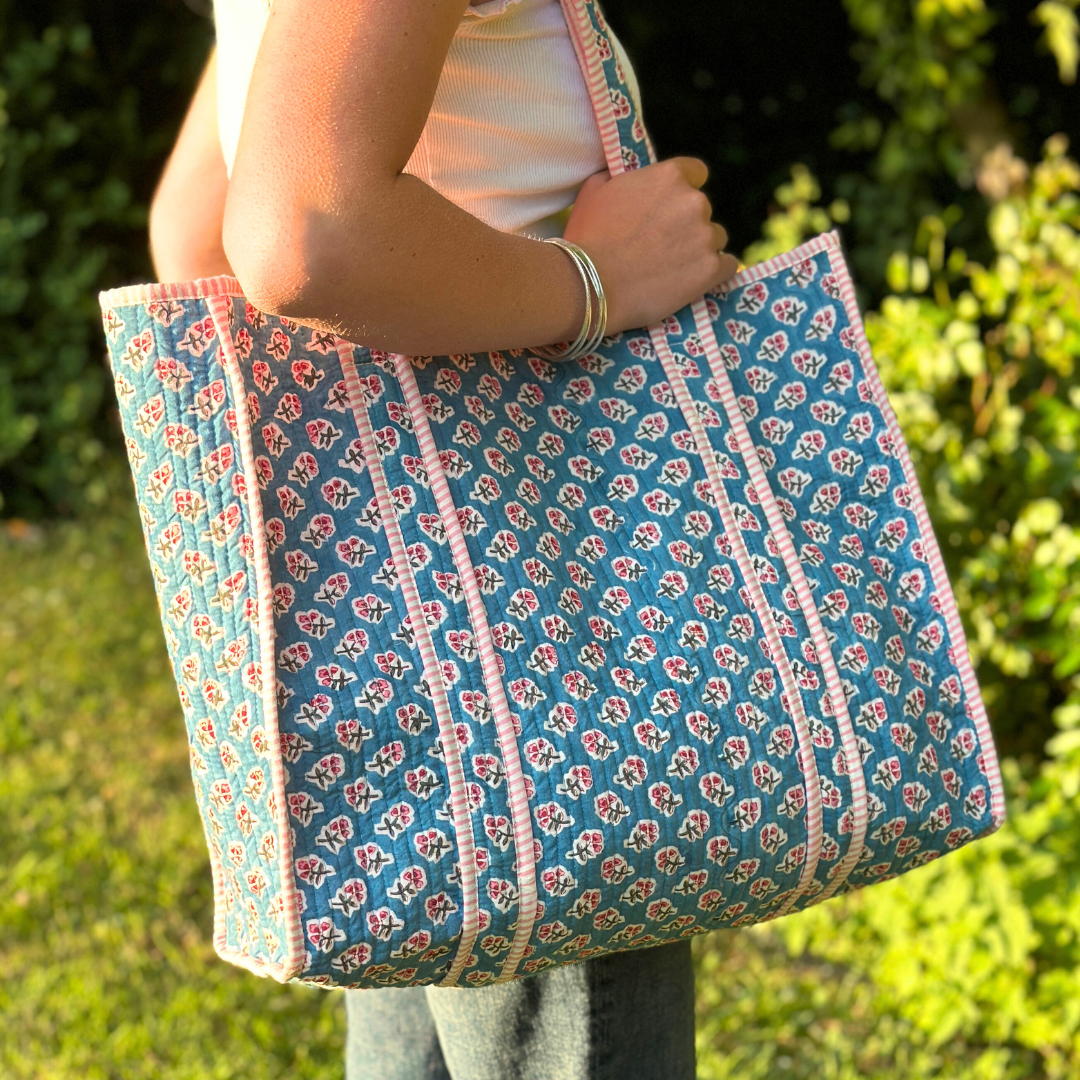Teal Ditsy Quilted Tote Bag