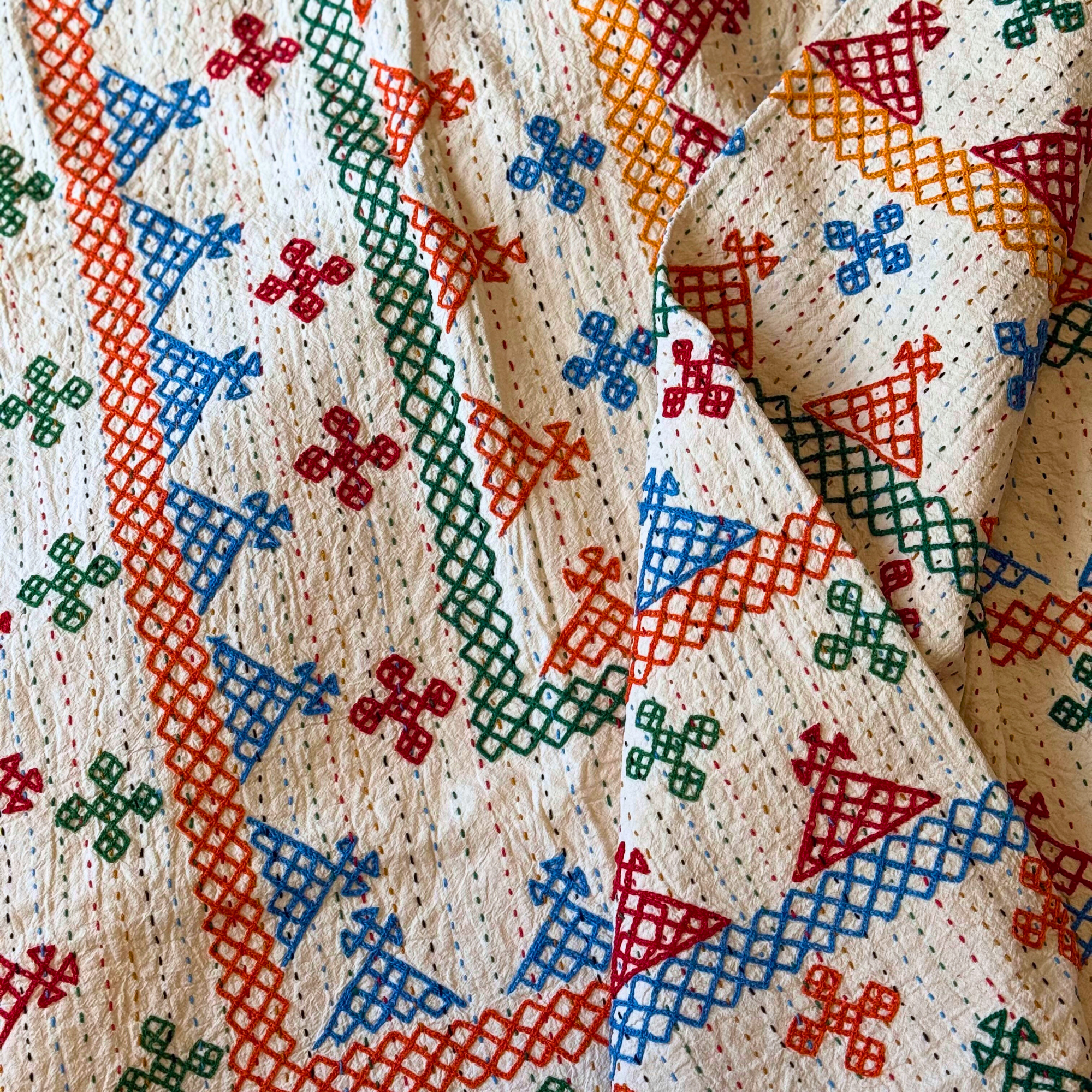 LARGE KANTHA BEDSPREAD - RED, GREEN, ORANGE, BLUE,