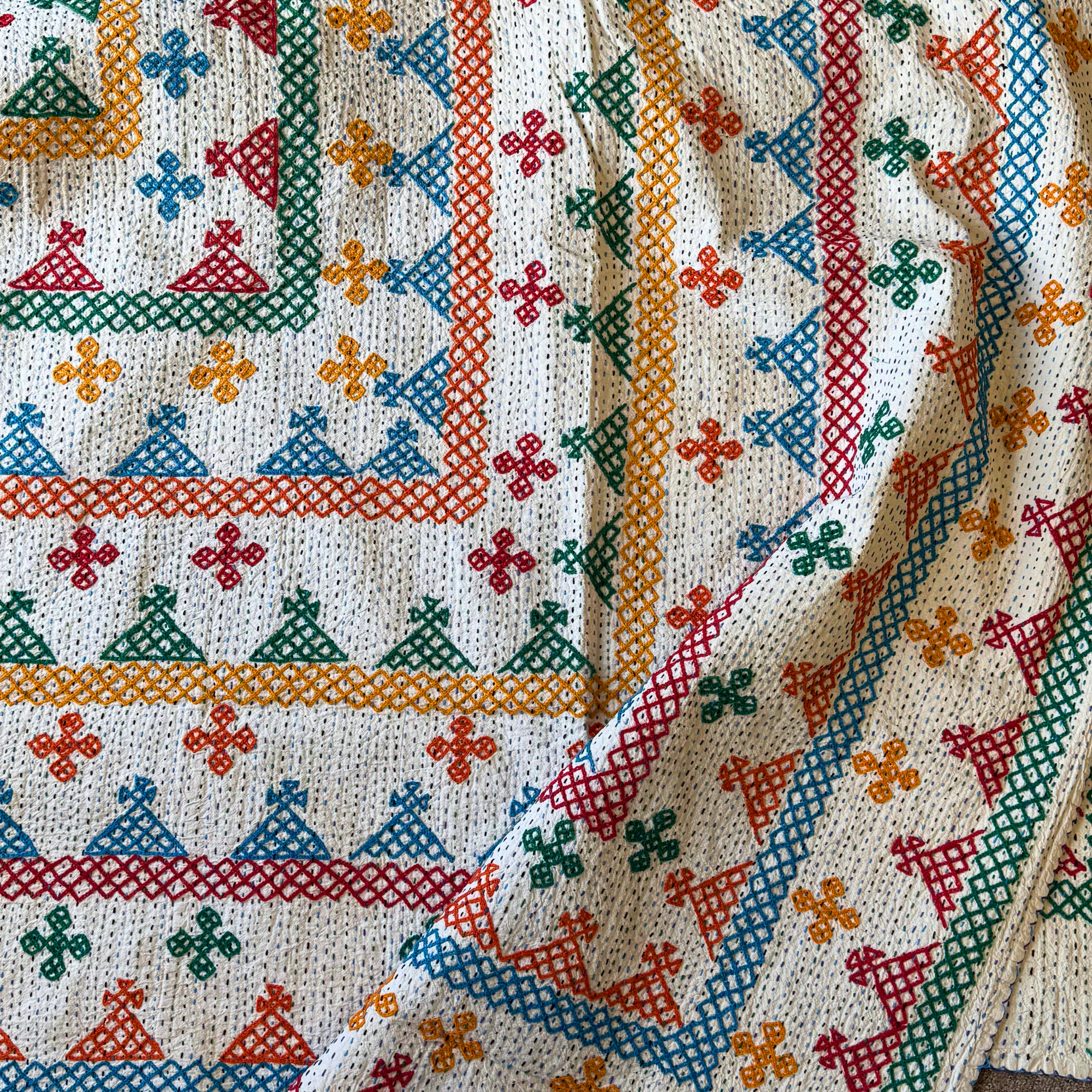 LARGE KANTHA BEDSPREAD - GREEN, RED, YELLOW, TEAL, ORANGE