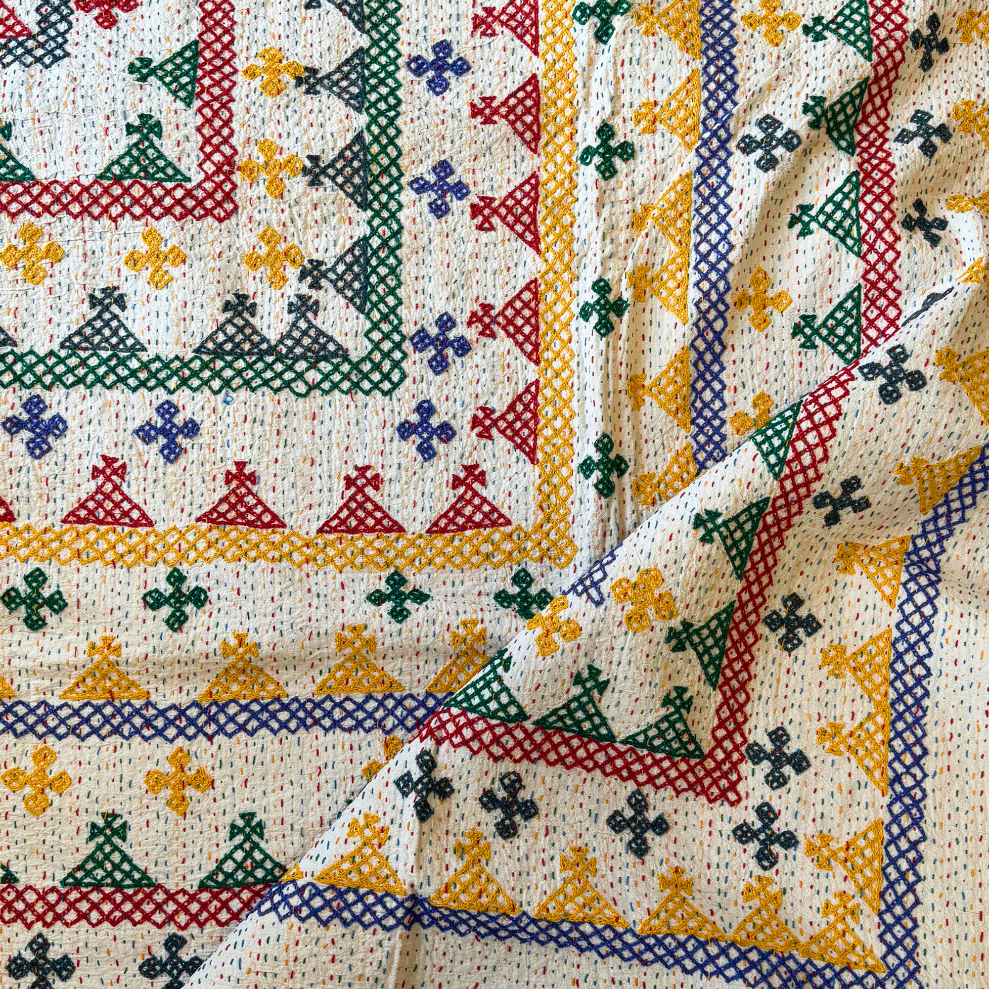 LARGE KANTHA BEDSPREAD - PURPLE, YELLOW, GREY, RED, GREEN