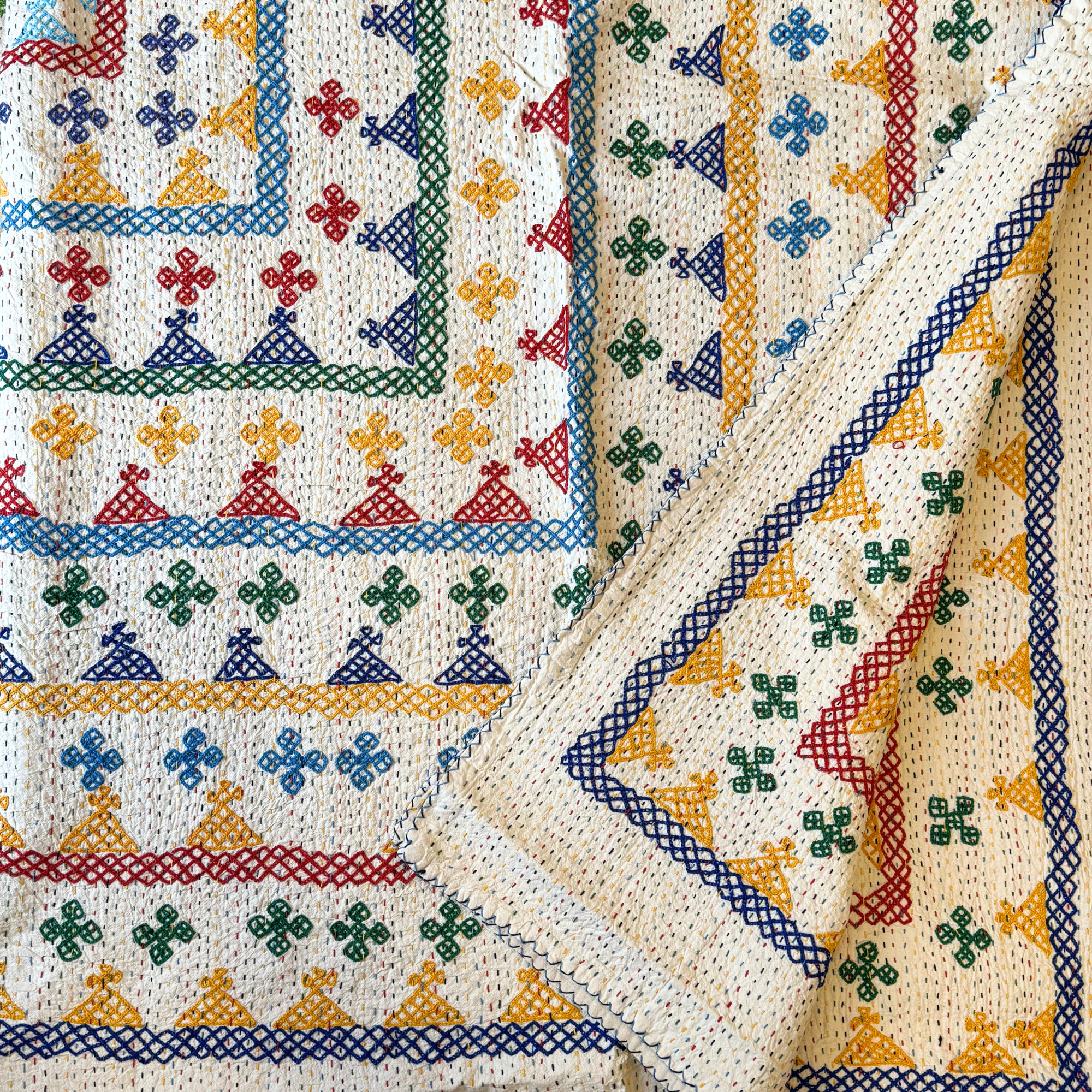 LARGE KANTHA BEDSPREAD - BLUE, YELLOW, GREEN, RED