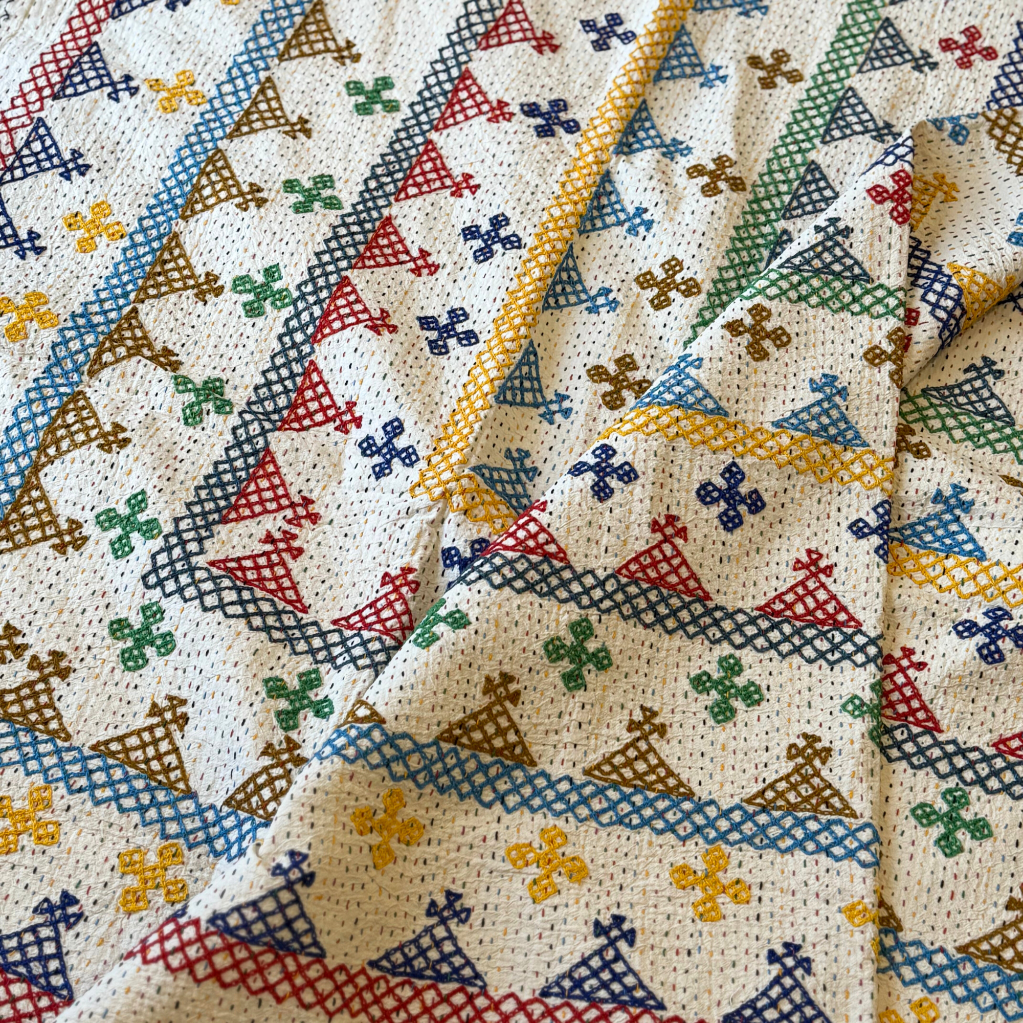 LARGE KANTHA BEDSPREAD - RED, BLUE, YELLOW, TEAL, GOLD