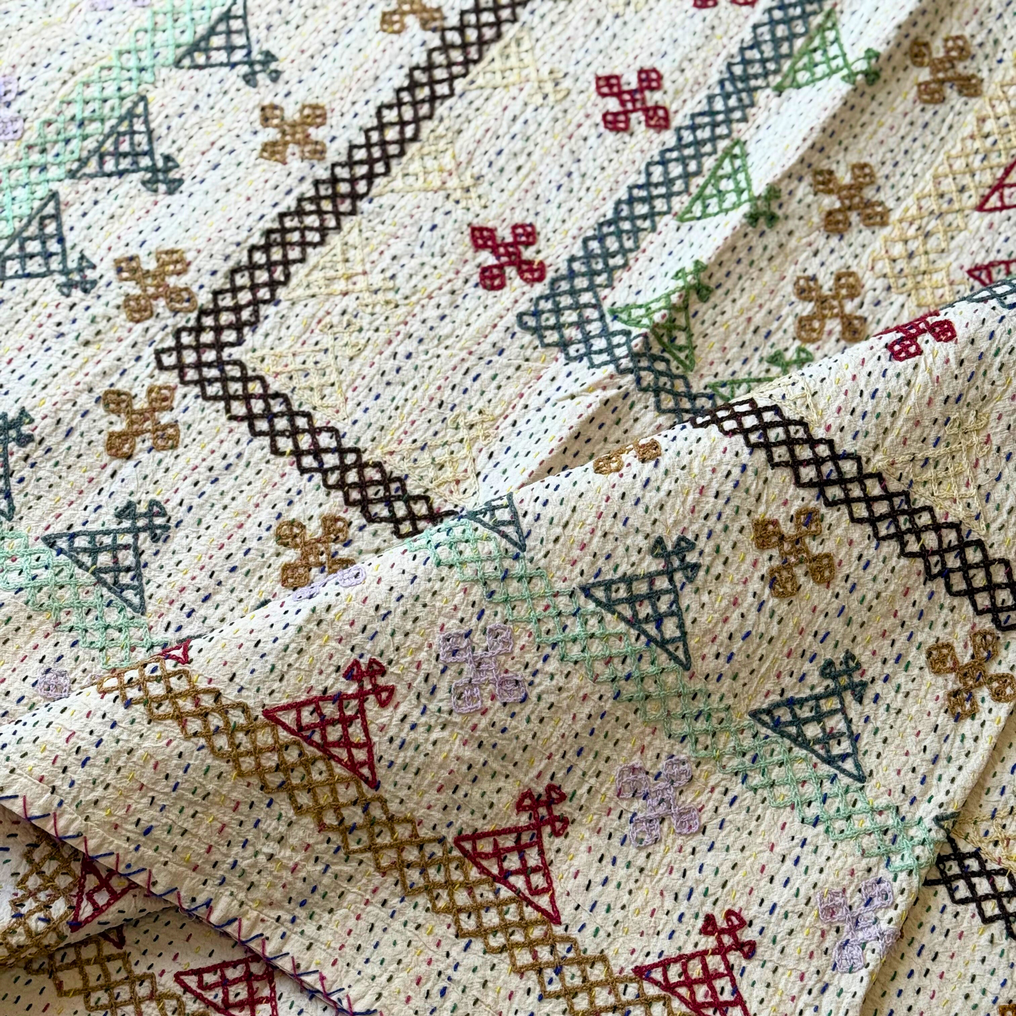 LARGE KANTHA BEDSPREAD -GOLD, RUSSET, LILAC, MINT, GREY