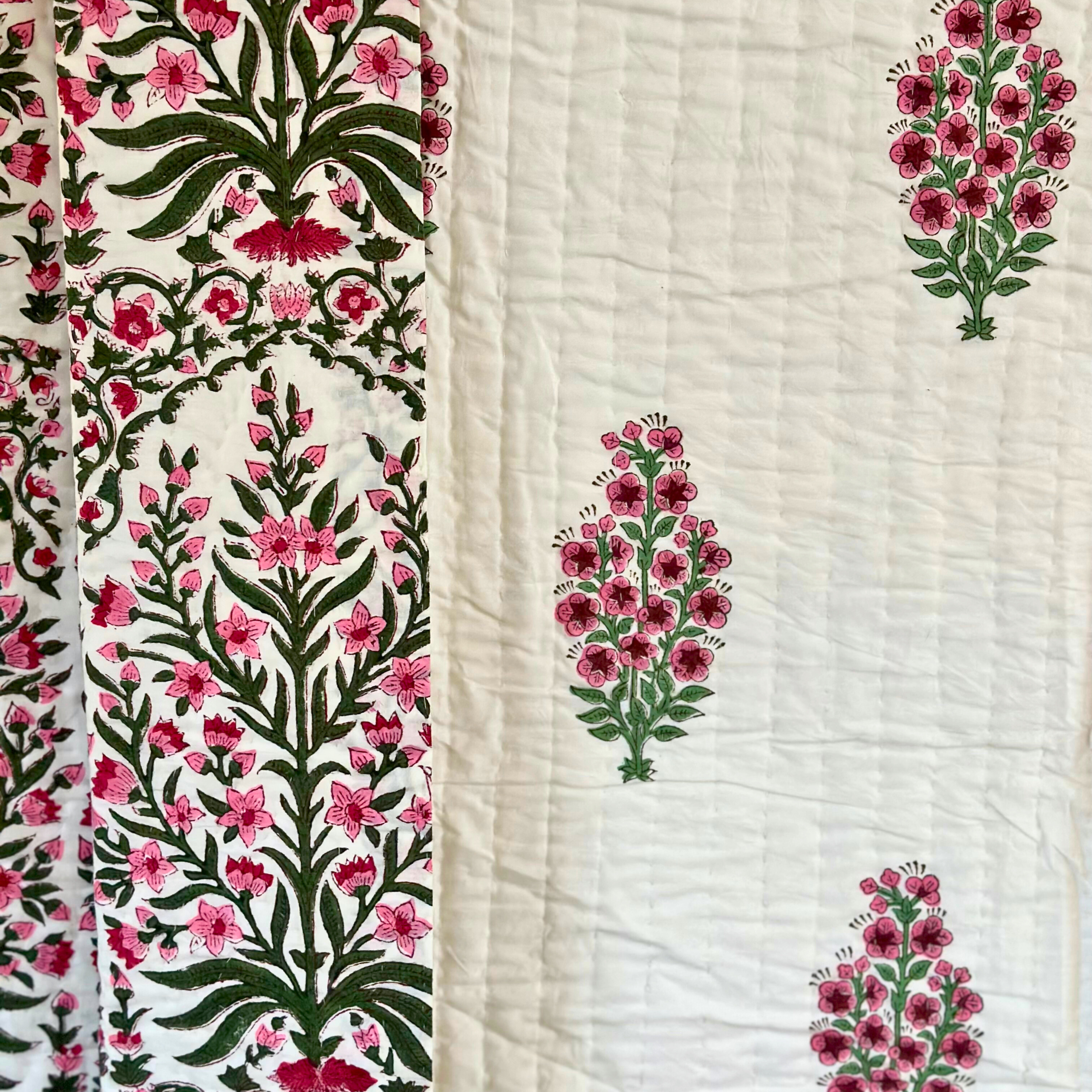 Green and Pink Floral Pique Quilt - Double