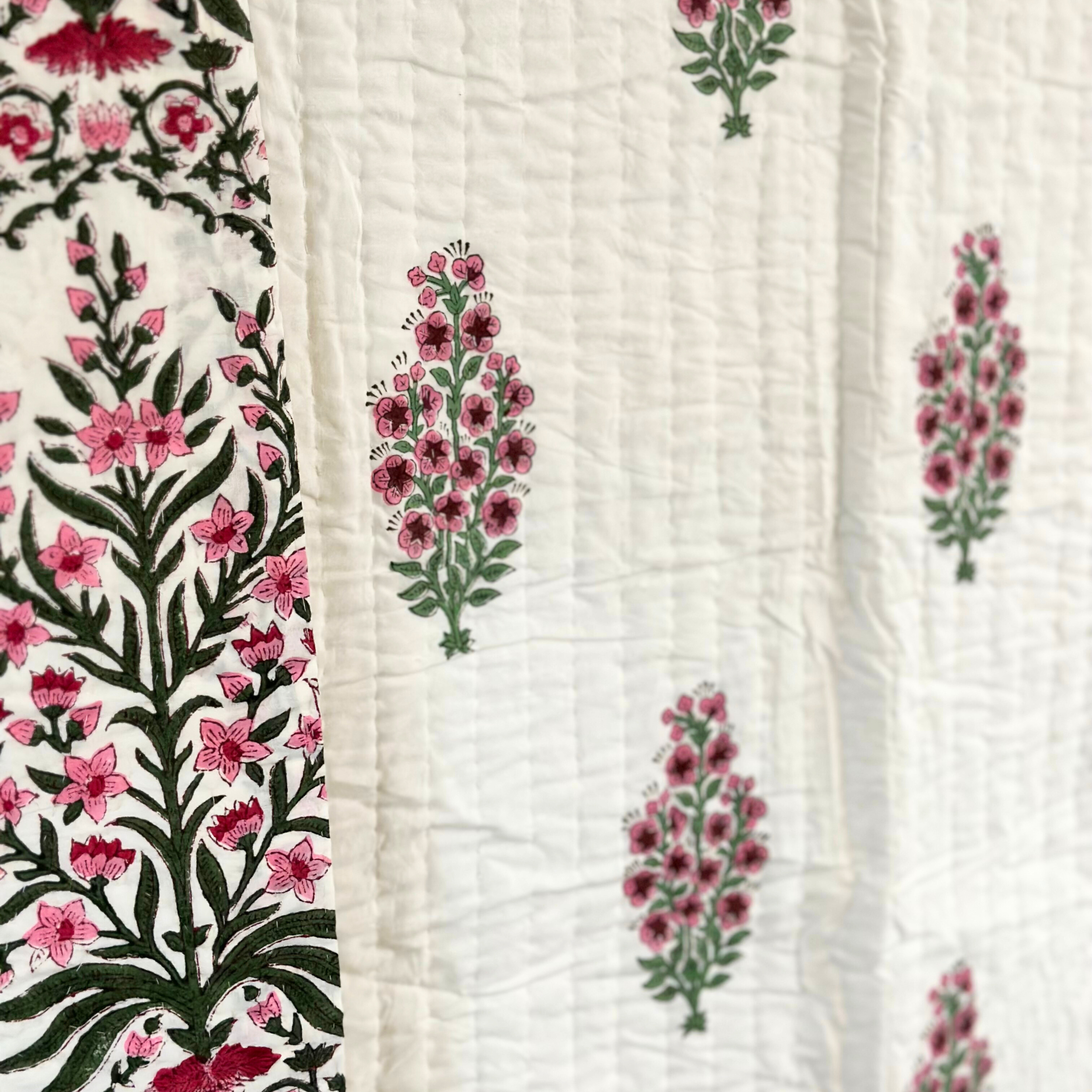 Green and Pink Floral Pique Quilt - Double