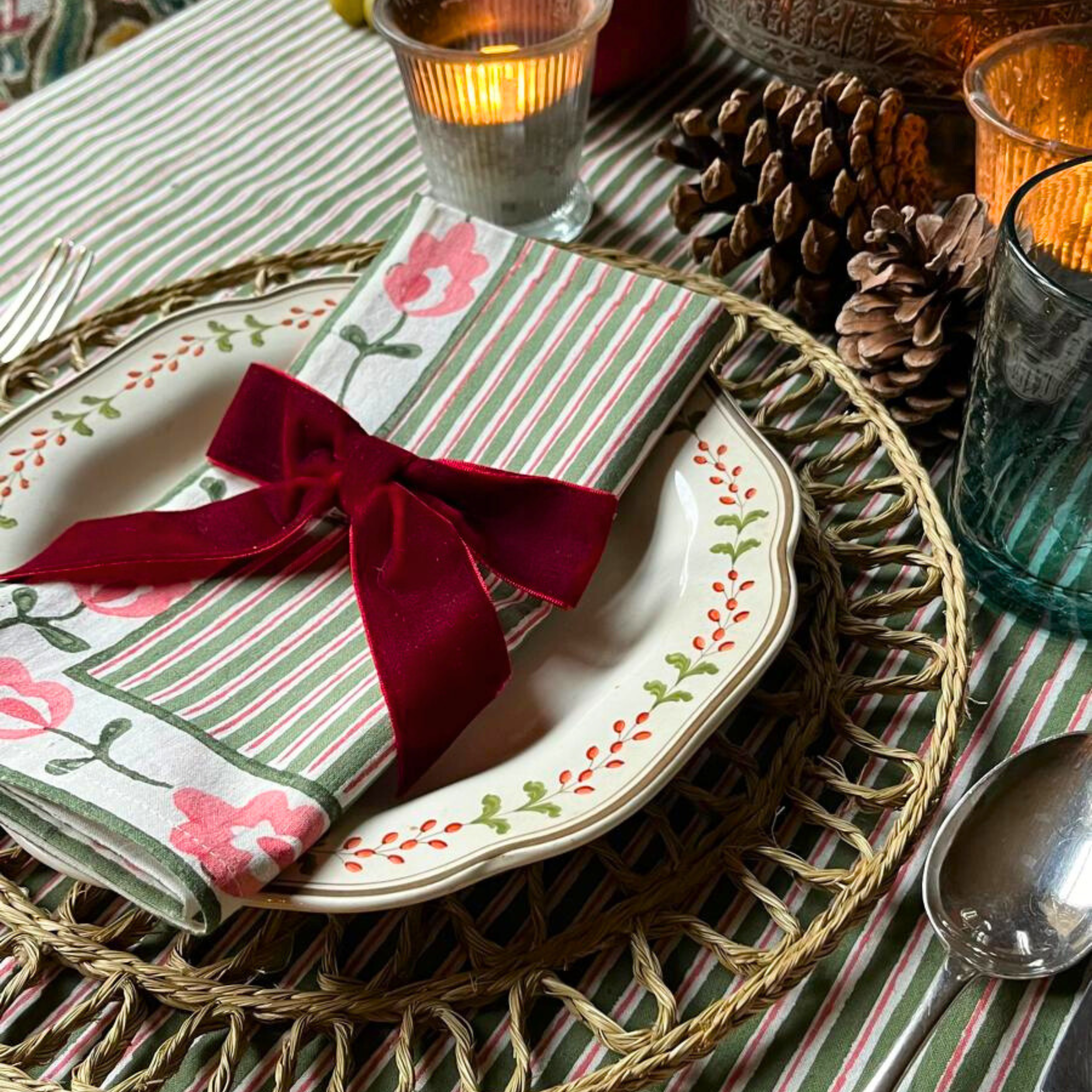 Dark Green Suzani Stripe Napkins - Set of 4