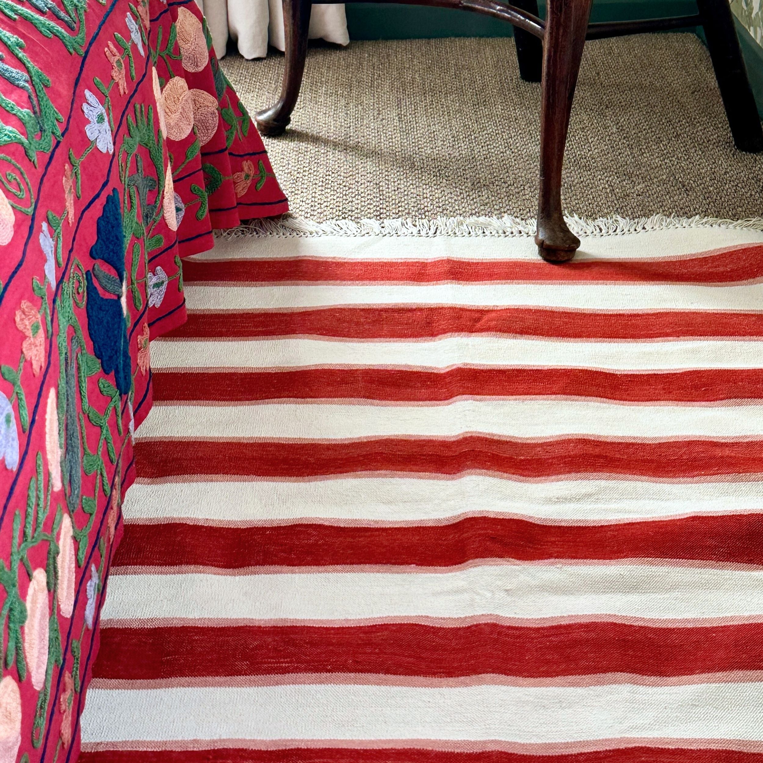 Natural Dye Striped Rug in Red and Pale Pink