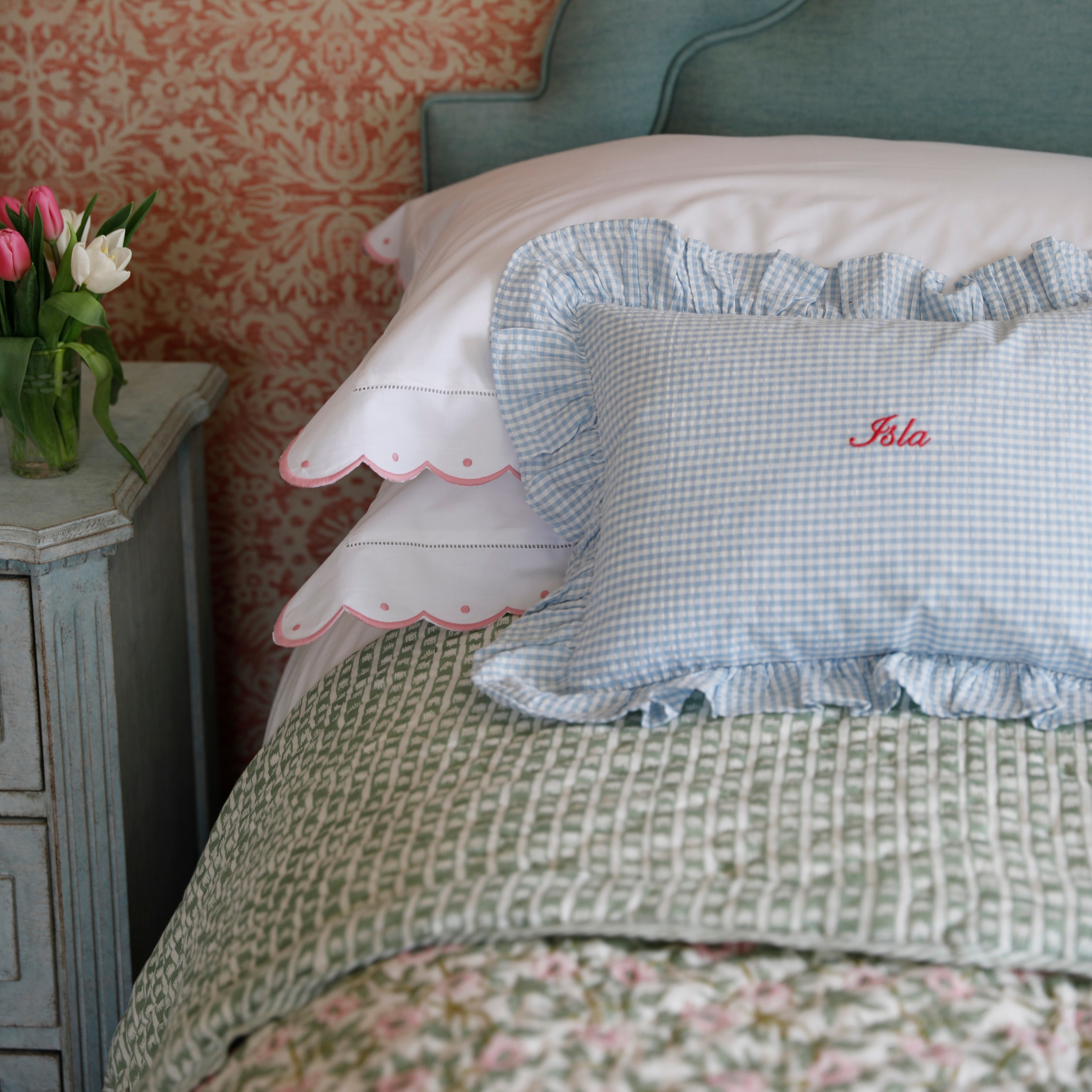 Blue Gingham Ruffle Baby / Boudoir Pillowcase