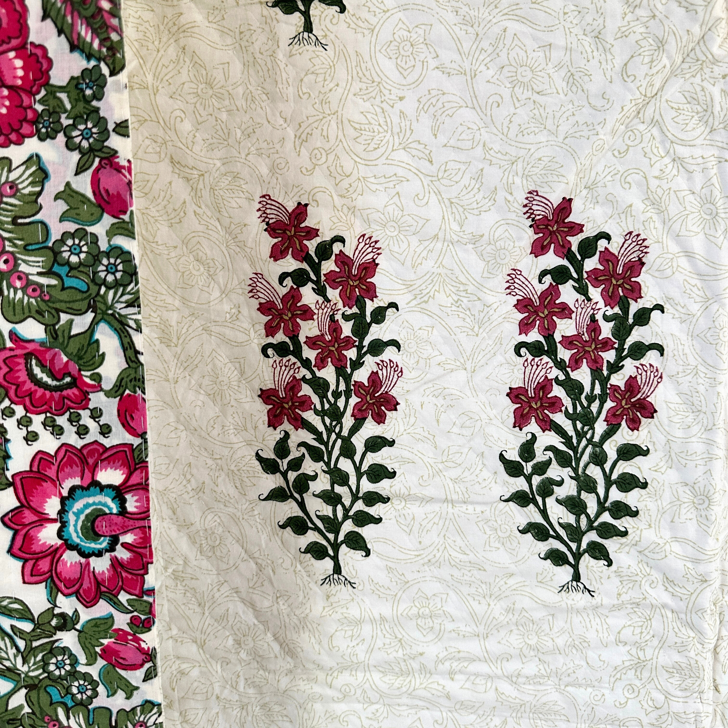 Pink and Green Floral Double Pique Quilt