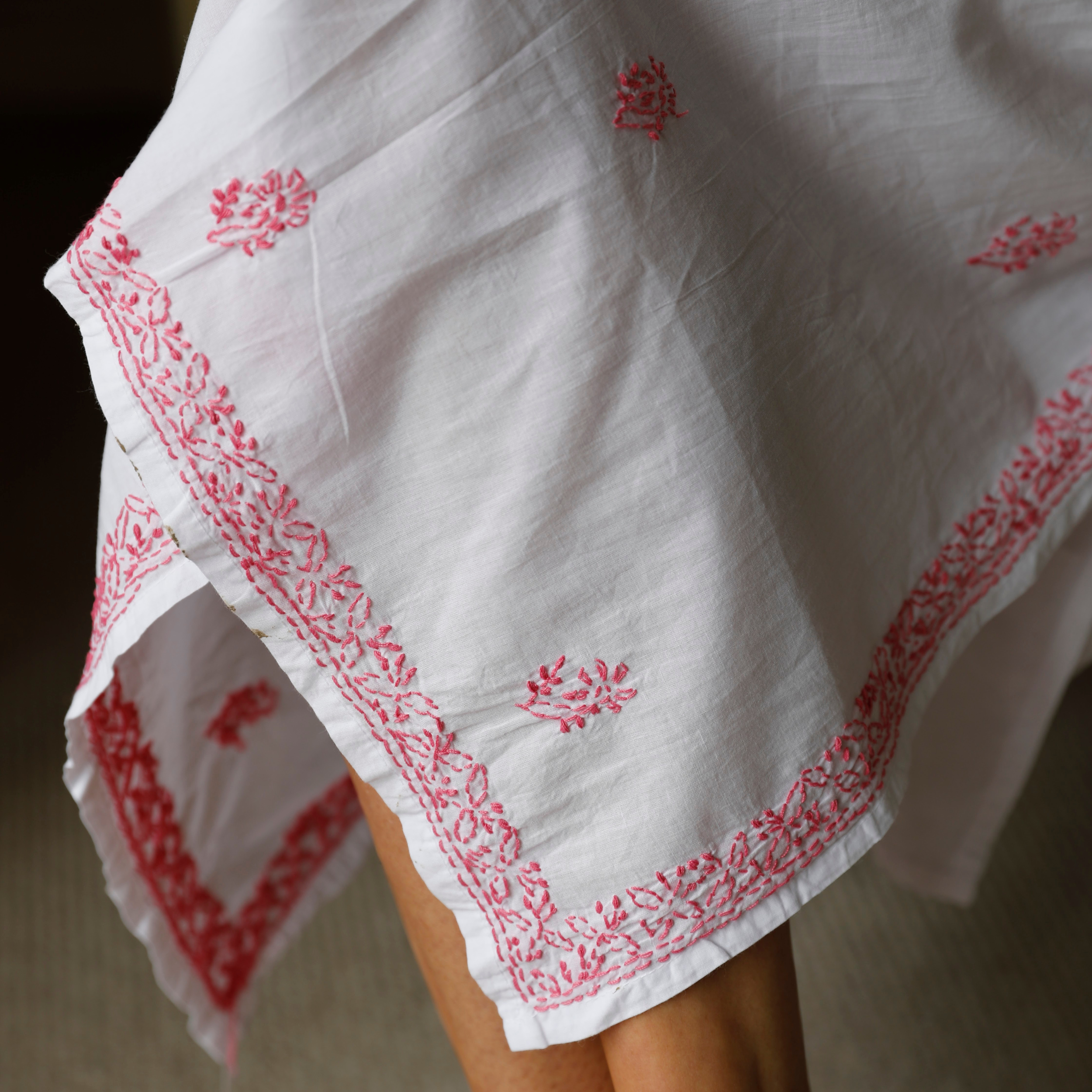 Long Sleeved Kaftan Nightie - Pink Embroidery