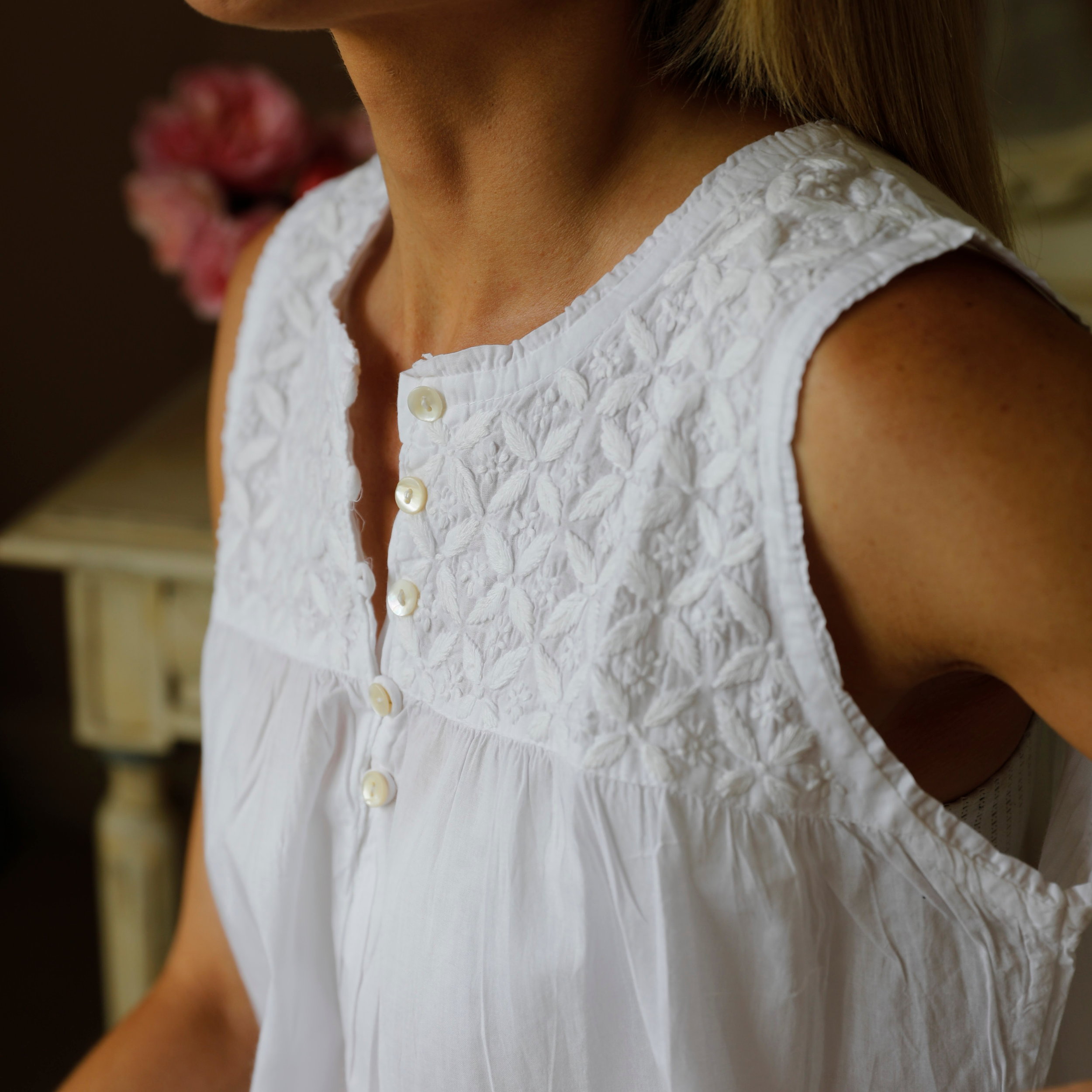 Sleeveless Nightie - White Embroidery