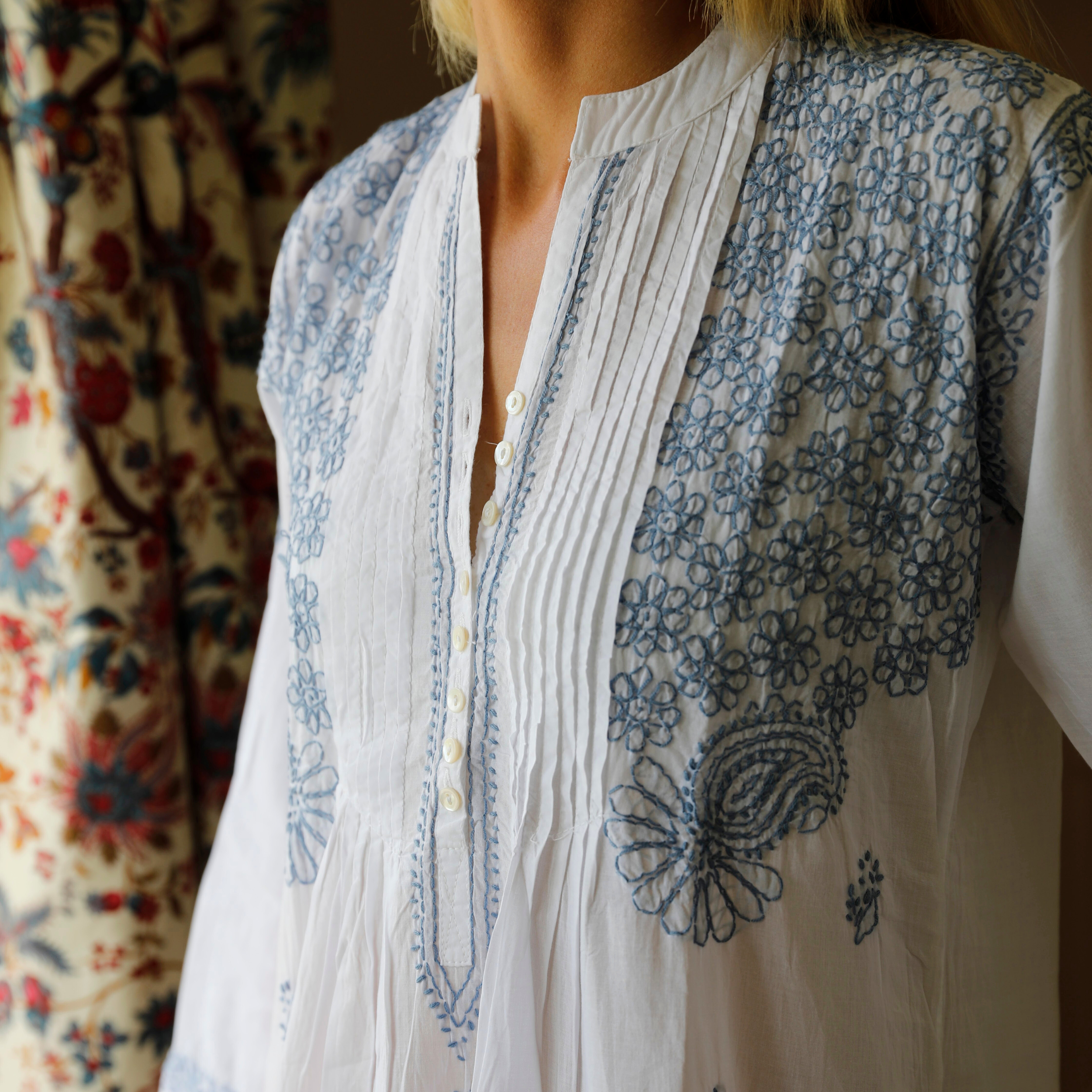 Long Sleeved Nightie - Blue Embroidery