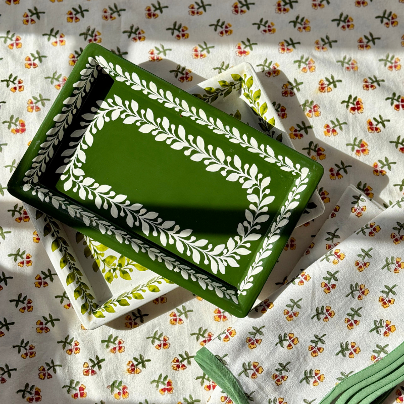 Green and White Painted Tray