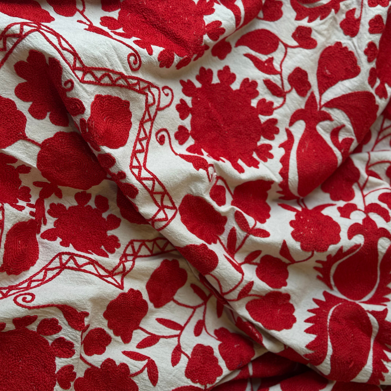 Red Crewel Embroidered Bedspread