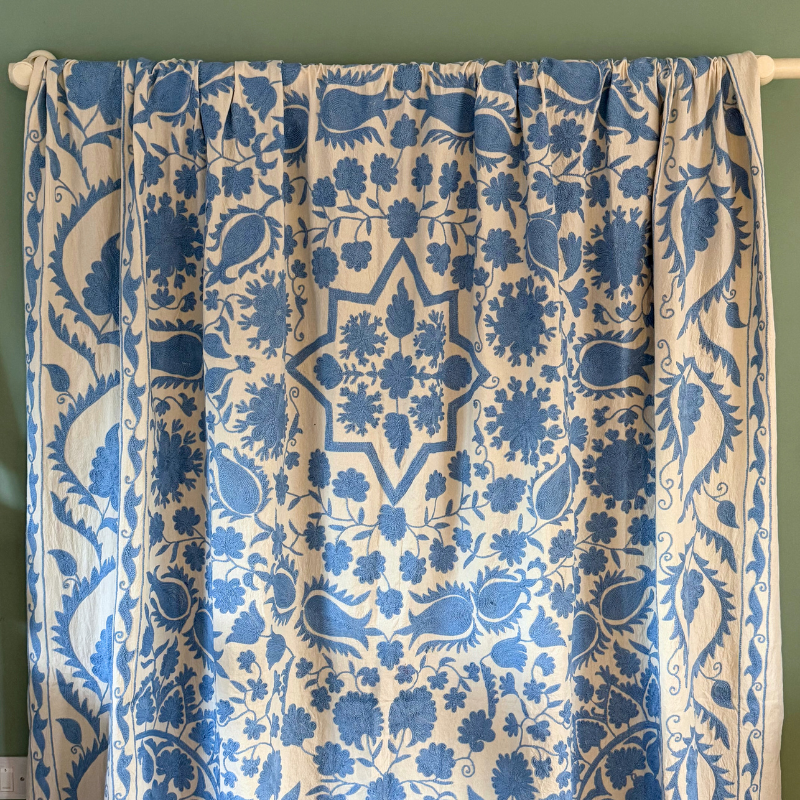 Sky Blue Crewel Embroidered Bedspread