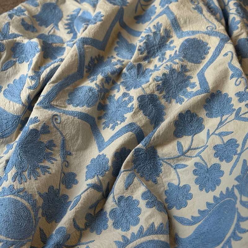 Sky Blue Crewel Embroidered Bedspread