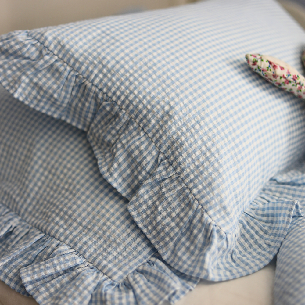 Blue Gingham Ruffle Pillowcase