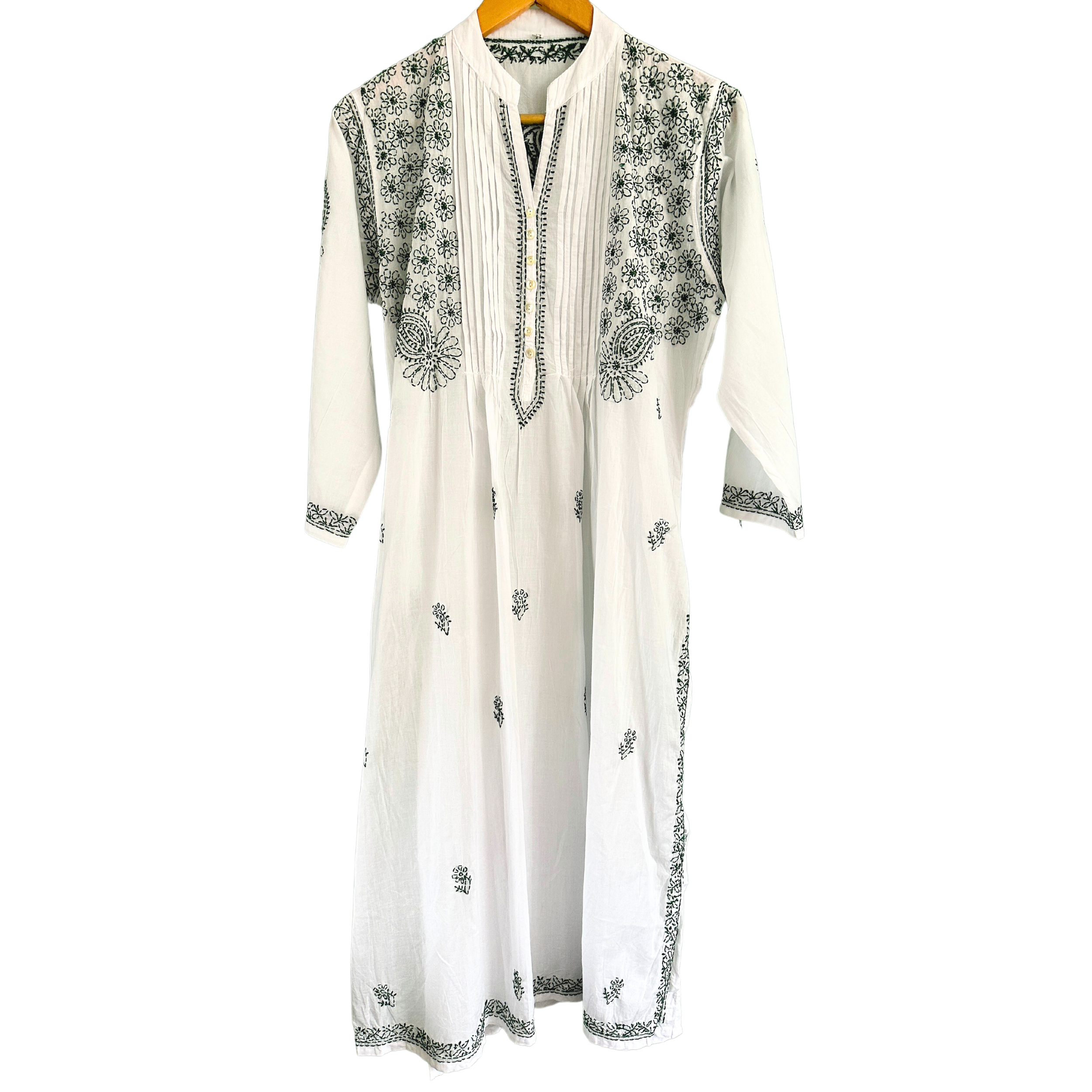 Long Sleeved Kaftan Nightie - Moss Green Embroidery