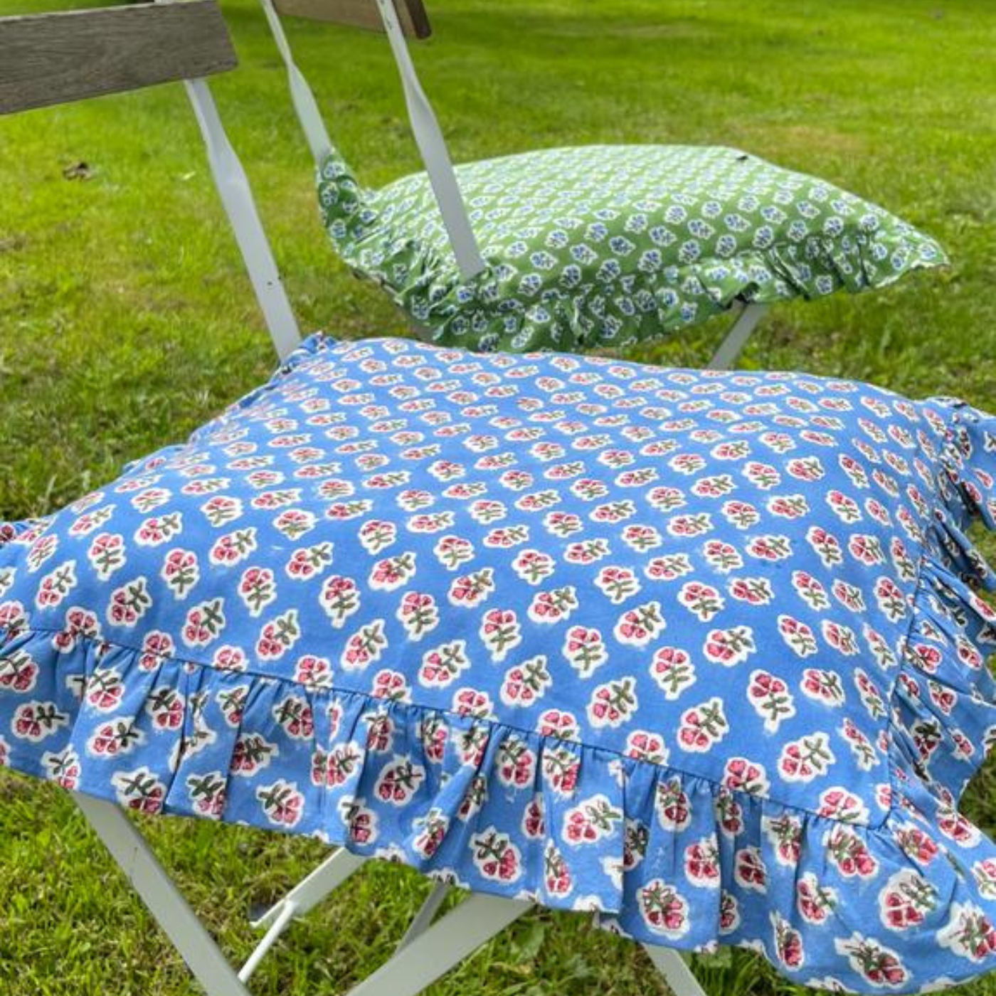Azure Blue Ditsy Ruffle Chair Cushion Cover