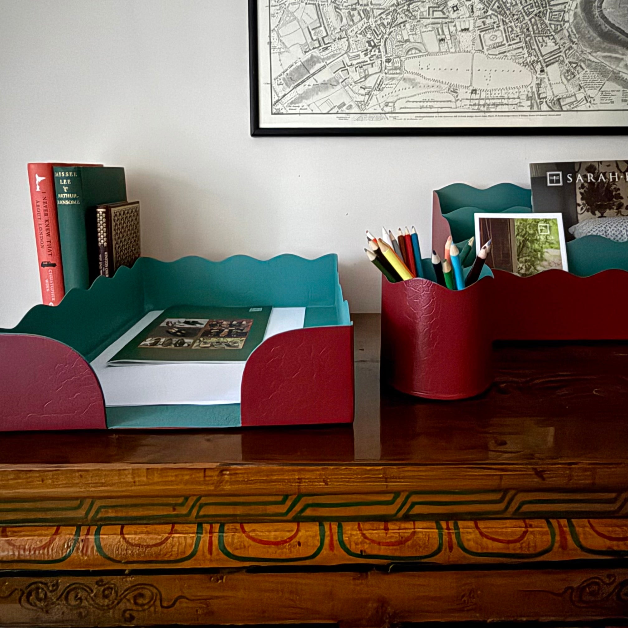 Toleware Paper Tray - Chilli and Teal