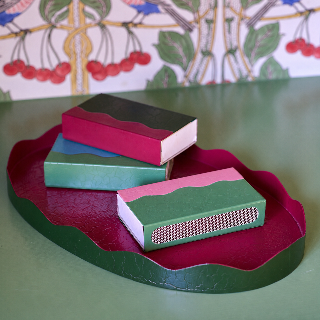 Toleware Matchbox Cover - Dark Green & Raspberry
