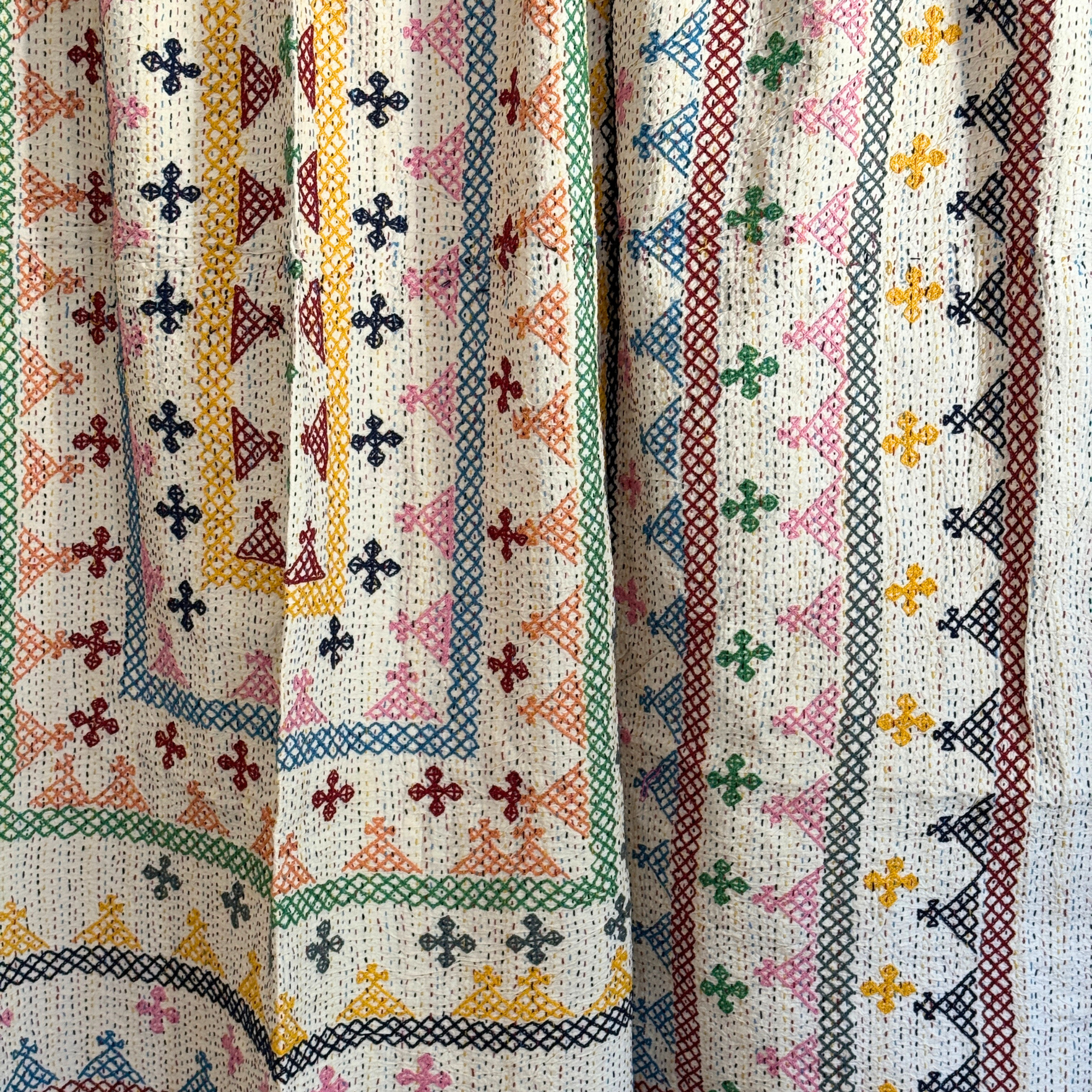 LARGE KANTHA BEDSPREAD - CHOCOLATE, NAVY, YELLOW, GREY, PINK, GREEN