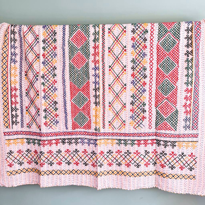 Single Kantha - Criss Cross - Red, Green, Yellow, Purple & Black