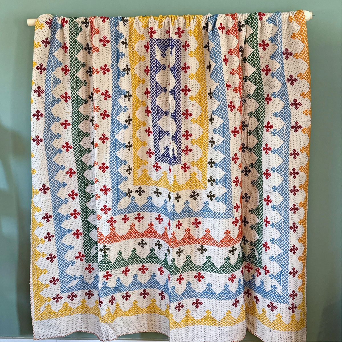 LARGE KANTHA BEDSPREAD - YELLOW, CLARET, BLUE, RED, GREEN, ORANGE, KHAKI