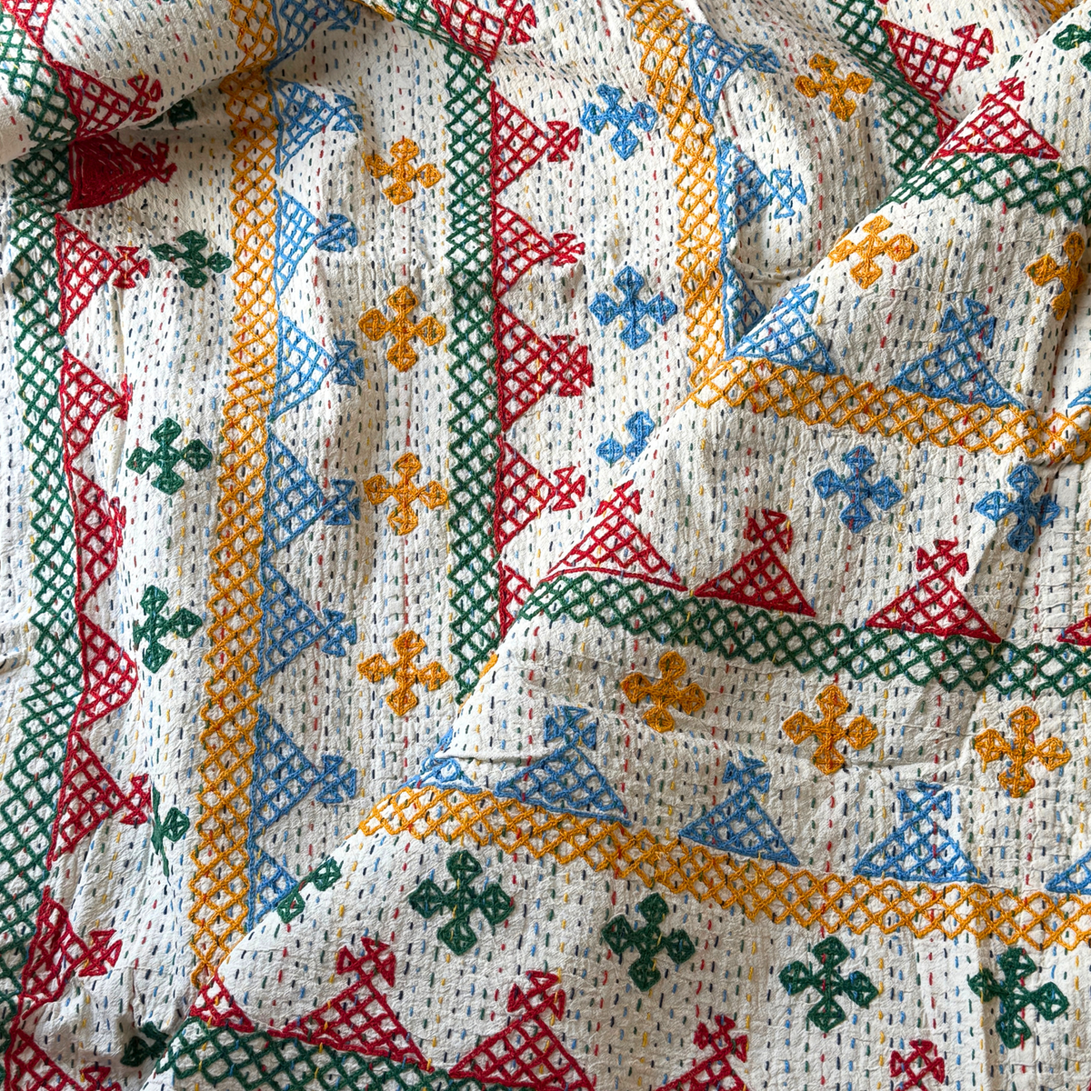 LARGE KANTHA BEDSPREAD - GREEN, RED, YELLOW, BLUE