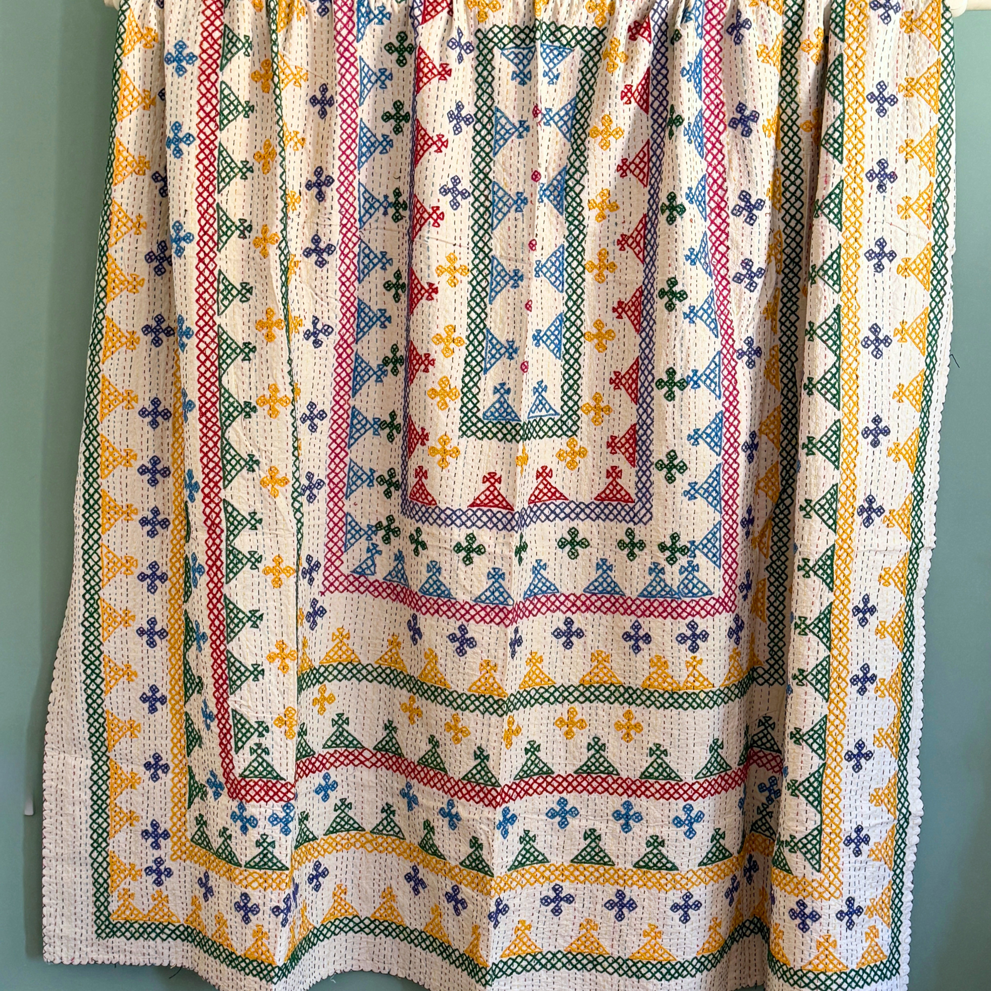 LARGE KANTHA BEDSPREAD - GREEN, YELLOW, PURPLE, ORANGE, PINK, BLUE