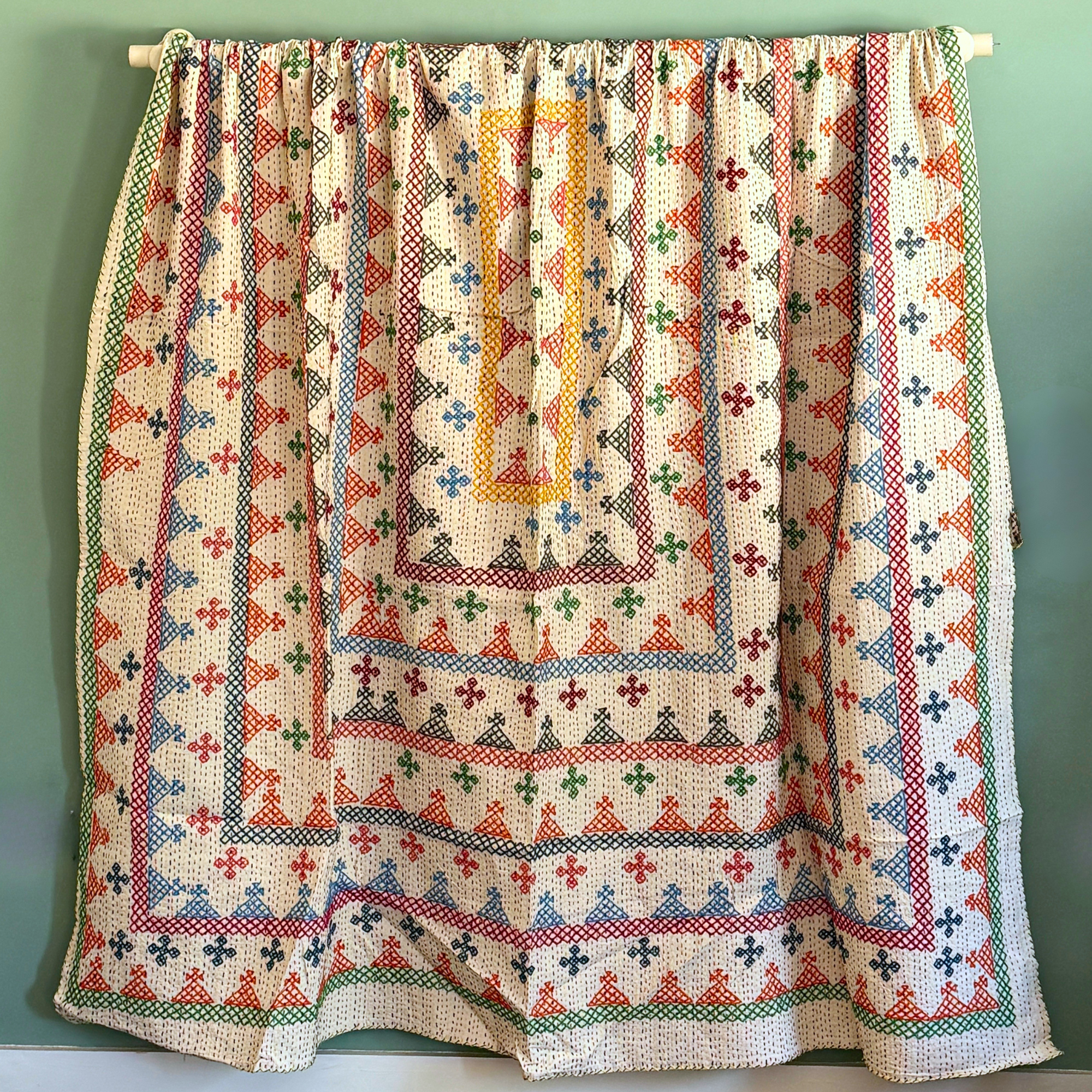 LARGE KANTHA BEDSPREAD - GREEN, ORANGE, GREY, PINK, BLUE
