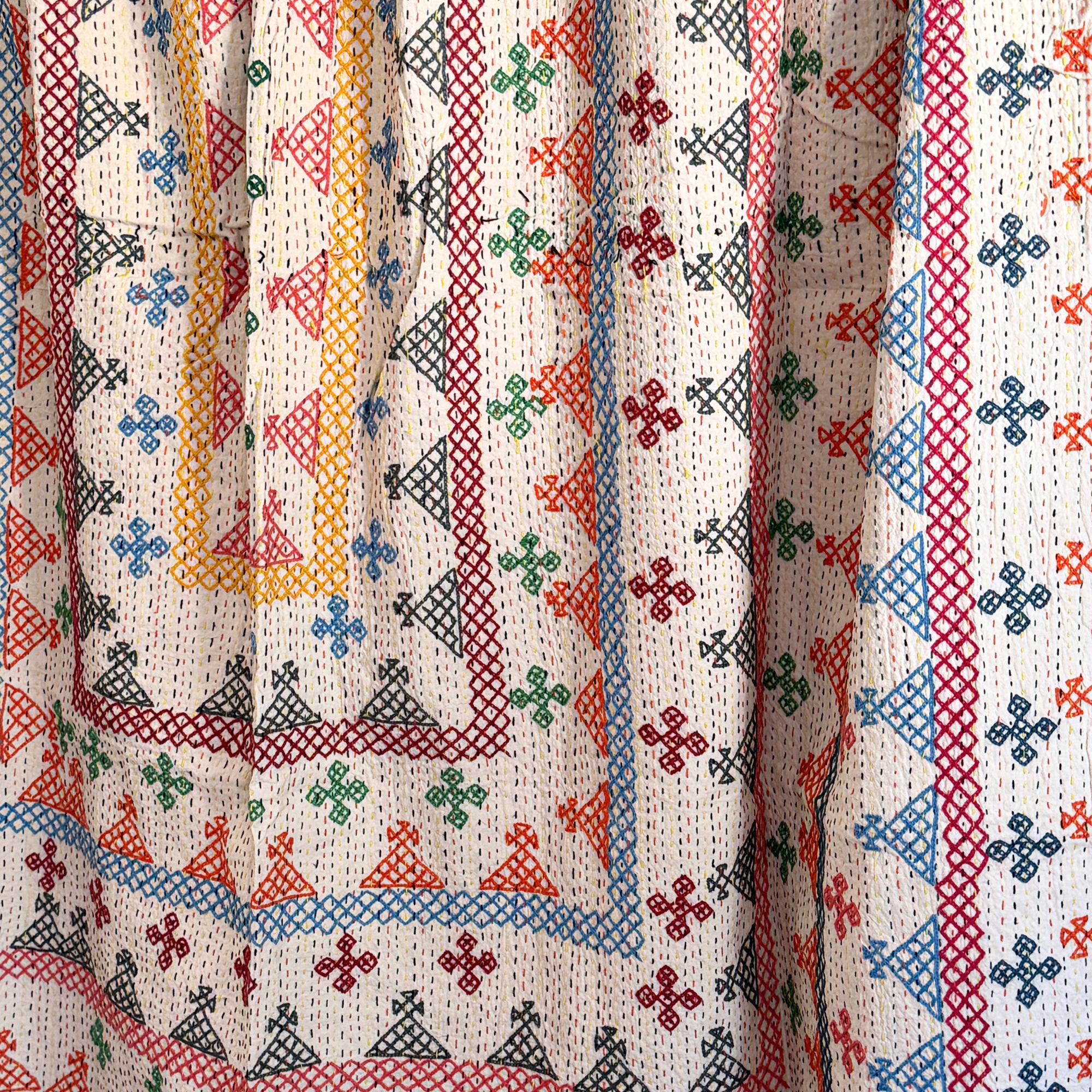 LARGE KANTHA BEDSPREAD - GREEN, ORANGE, GREY, PINK, BLUE