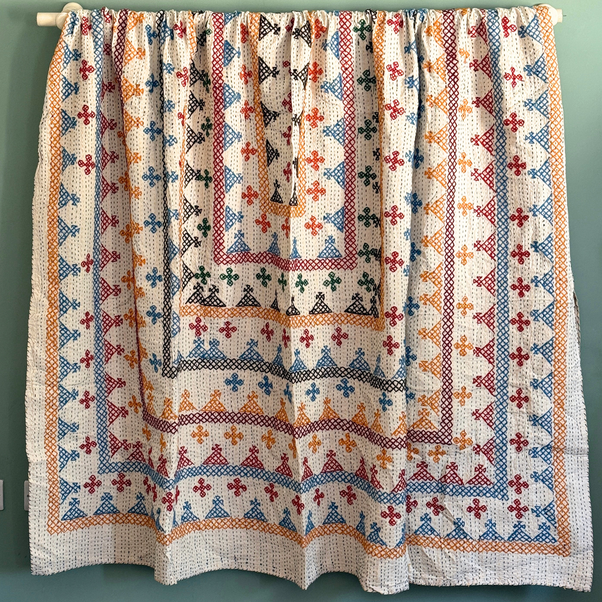 LARGE KANTHA BEDSPREAD - ORANGE, BLUE, RED, GREEN, CHOCOLATE