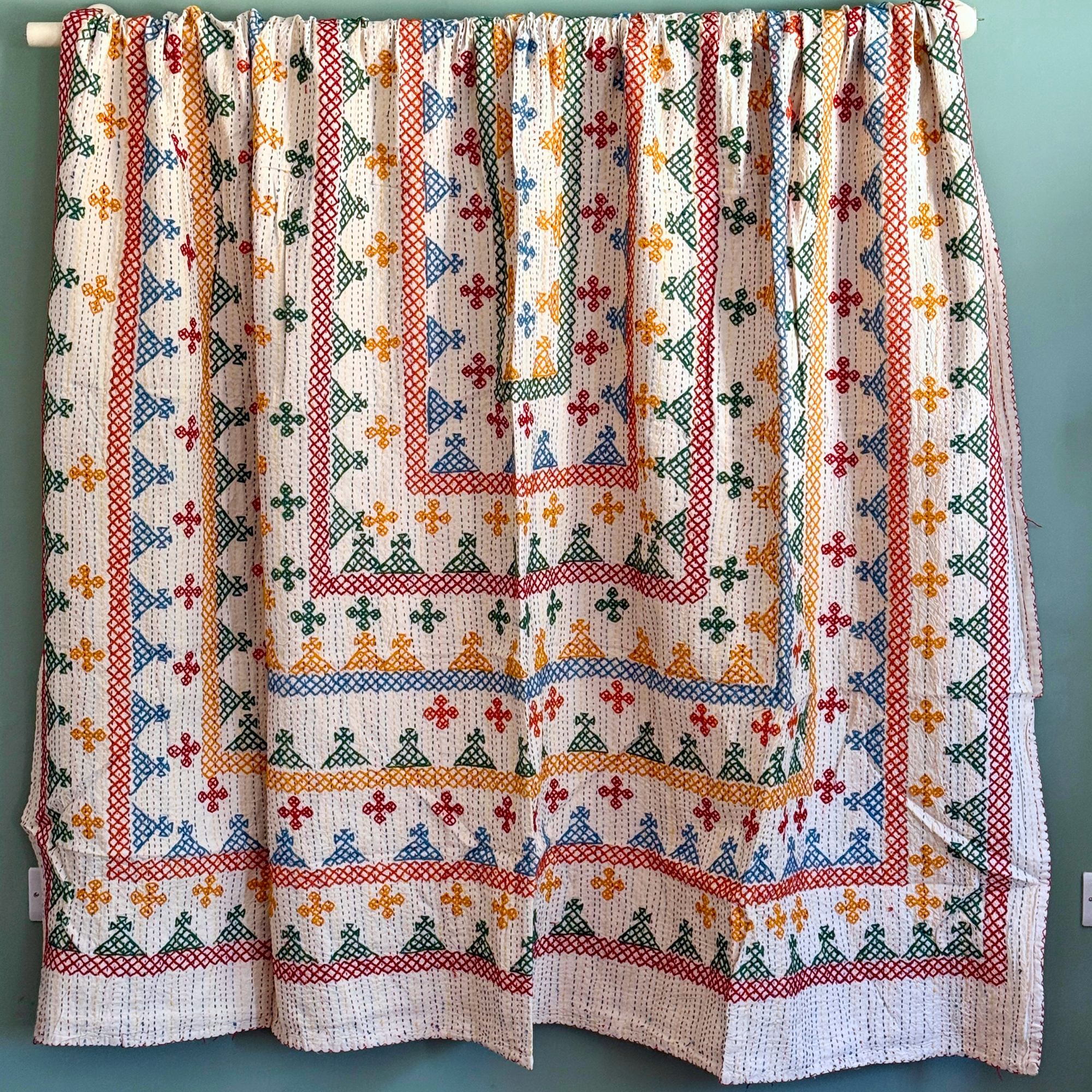 LARGE KANTHA BEDSPREAD - RED, GREEN, YELLOW, ORANGE, BLUE