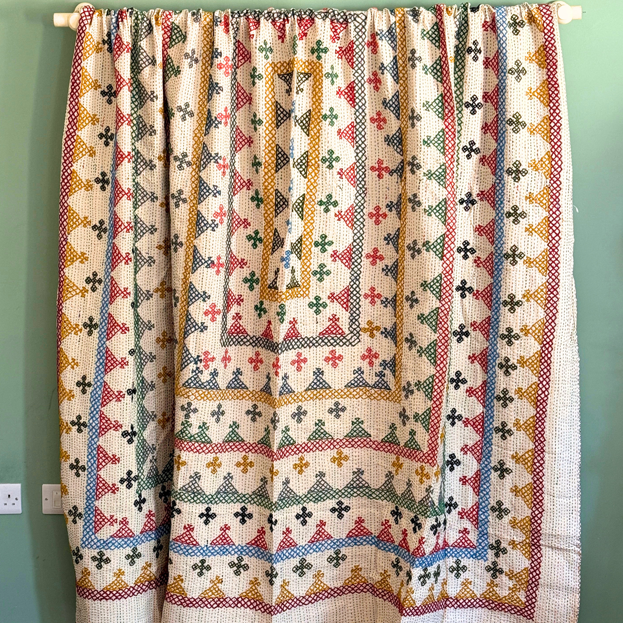 LARGE KANTHA BEDSPREAD - RED, MUSTARD, GREY, BLUE, GREEN