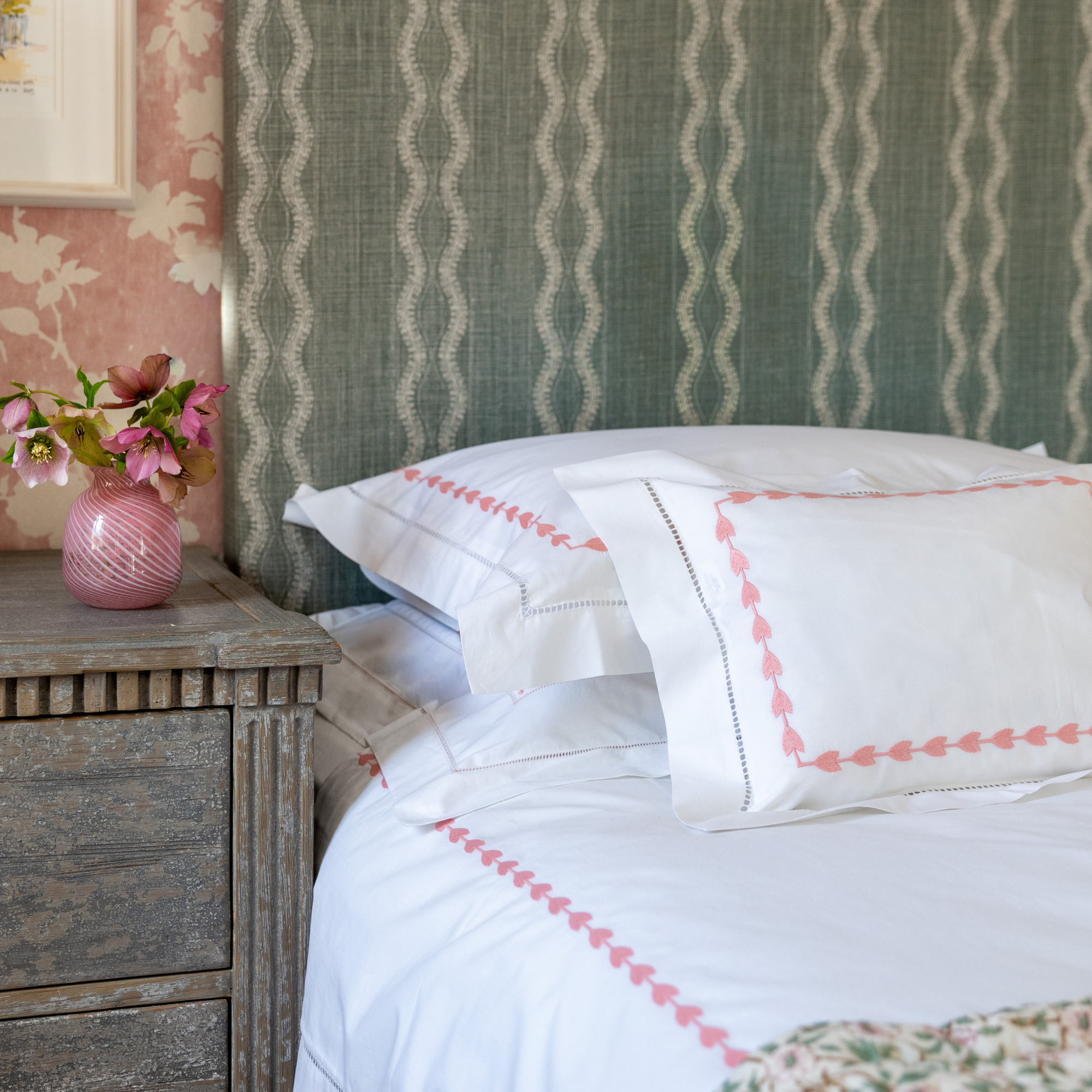Pink Leaf Embroidered Pillowcase, Super King