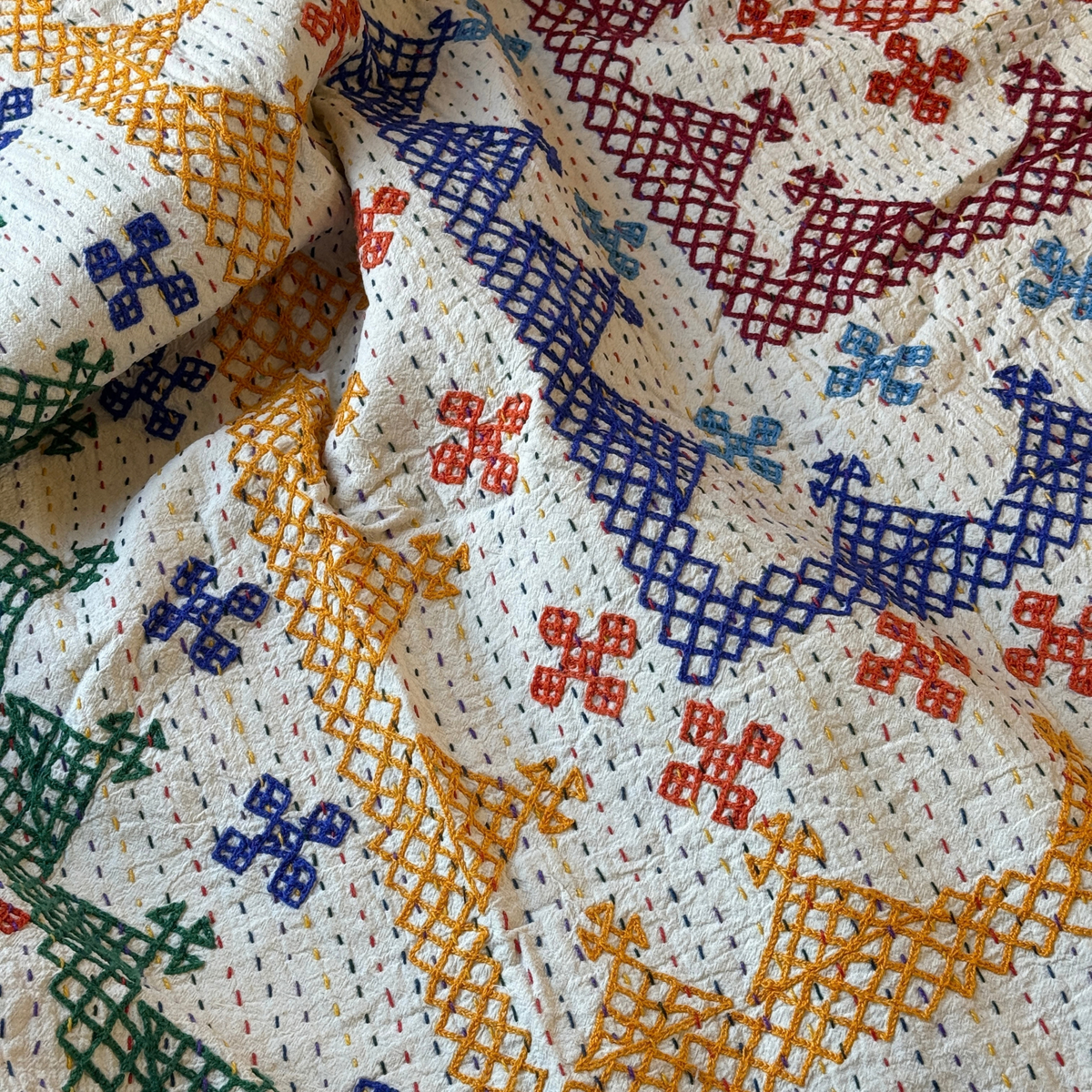 LARGE KANTHA BEDSPREAD - ORANGE, PURPLE, YELLOW, GREEN,