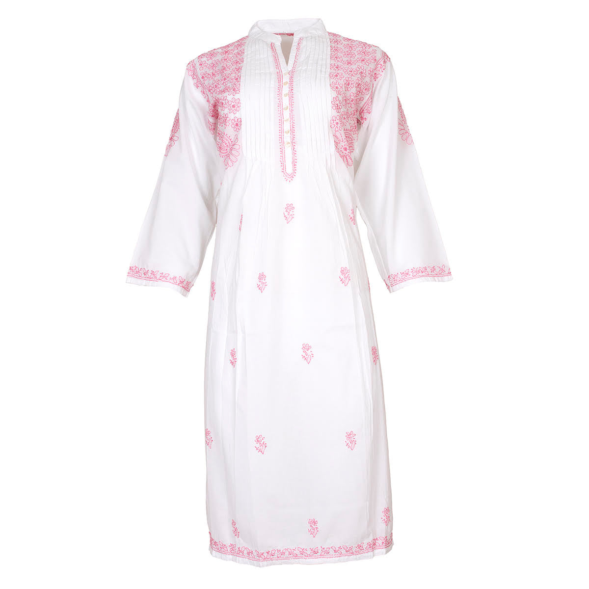 Long Sleeved Kaftan Nightie - Pink Embroidery