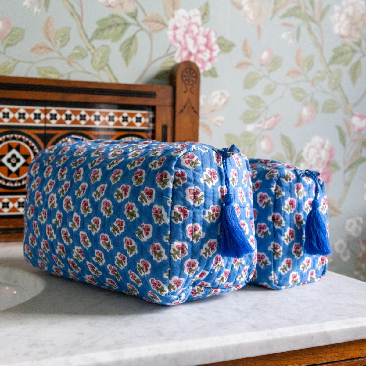 Azure Blue Ditsy Block Printed Wash Bag