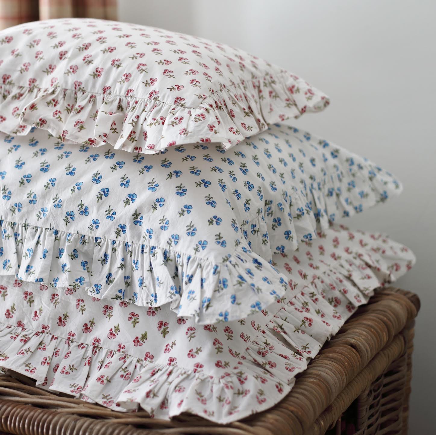 Hand Blocked Cotton Floral Blue Ditsy Ruffle Pillowcase