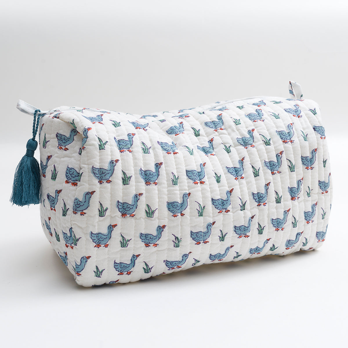 Blue Duck Cotton Block Printed Wash Bag with Tassel