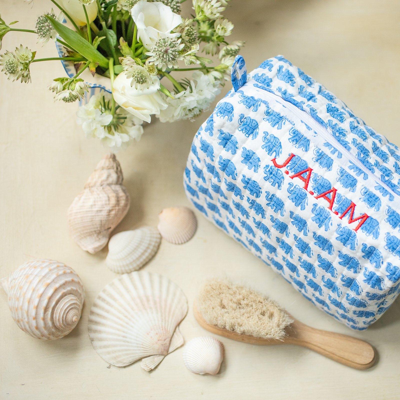 Blue Elephant Block Printed Cotton Wash Bag